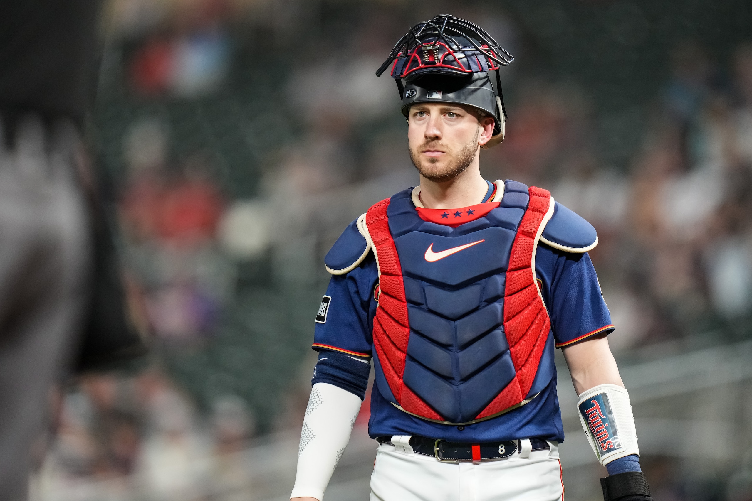 MINNEAPOLIS, MN - SEPTEMBER 28: Mitch Garver #8 of the Minnesota Twins looks on against the Detroit Tigers on September 28, 2021 at Target Field in Minneapolis, Minnesota. (Photo by Brace Hemmelgarn/Minnesota Twins/Getty Images)