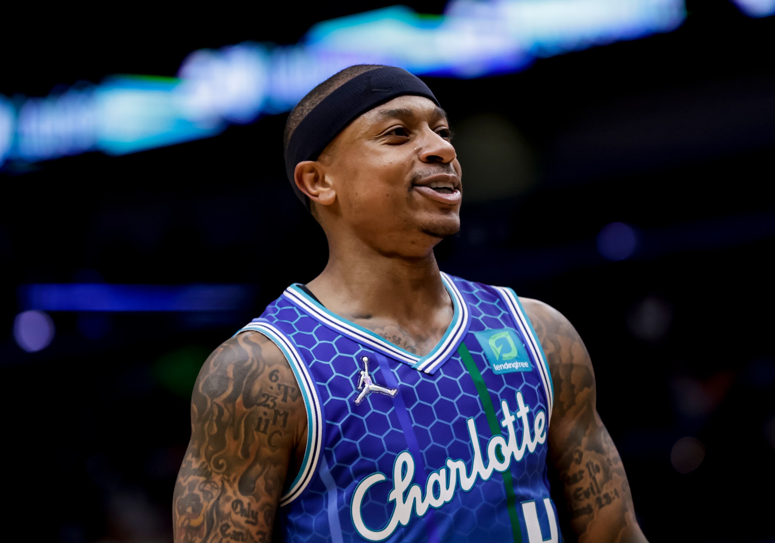 Charlotte Hornets guard Isaiah Thomas (4) reacts after scoring in the fourth quarter of an NBA basketball game against the New Orleans Pelicans in New Orleans, Friday, March 11, 2022. (AP Photo/Derick Hingle)