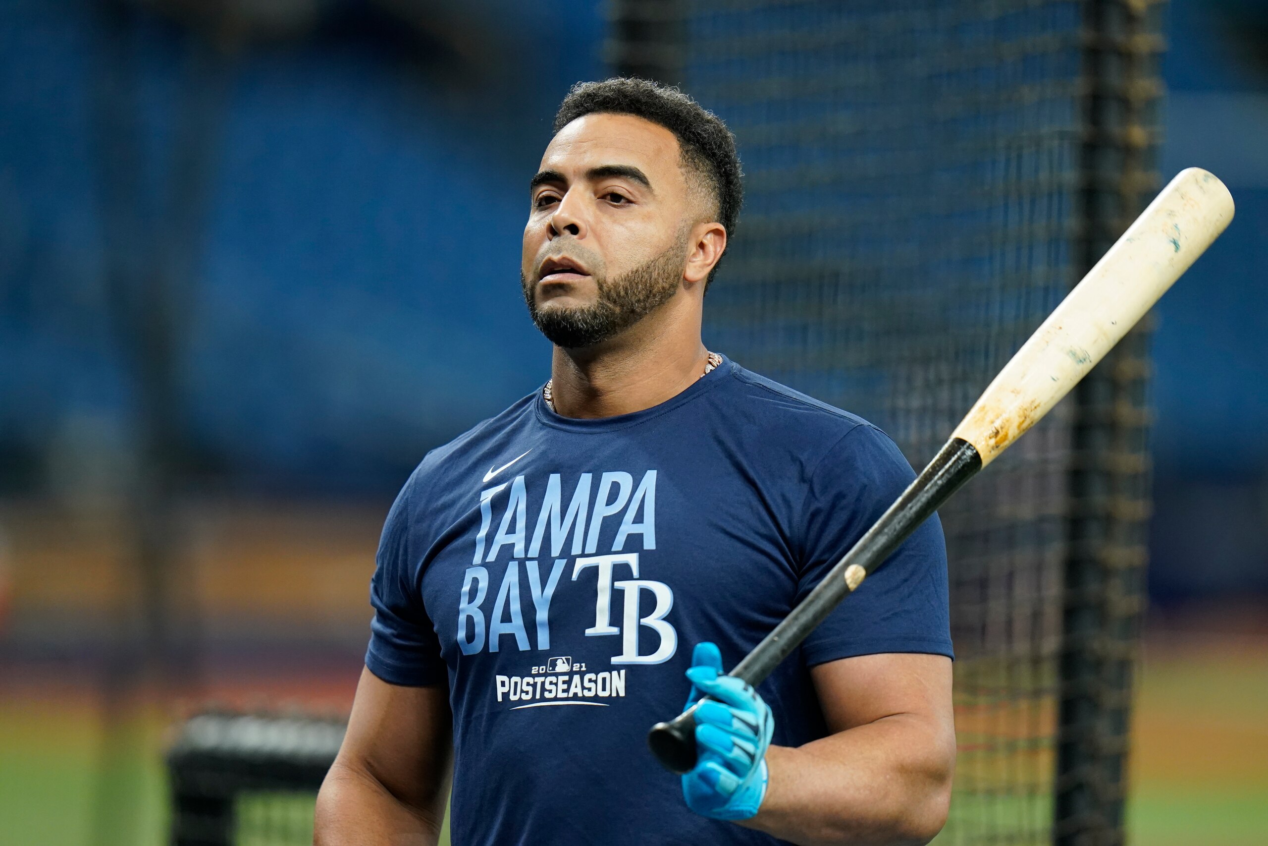 Tampa Bay Rays designated hitter Nelson Cruz takes batting practice before game 1 of an American League Division Series baseball game against the Boston Red Sox, Thursday, Oct. 7, 2021, in St. Petersburg, Fla. (AP Photo/Chris O'Meara)