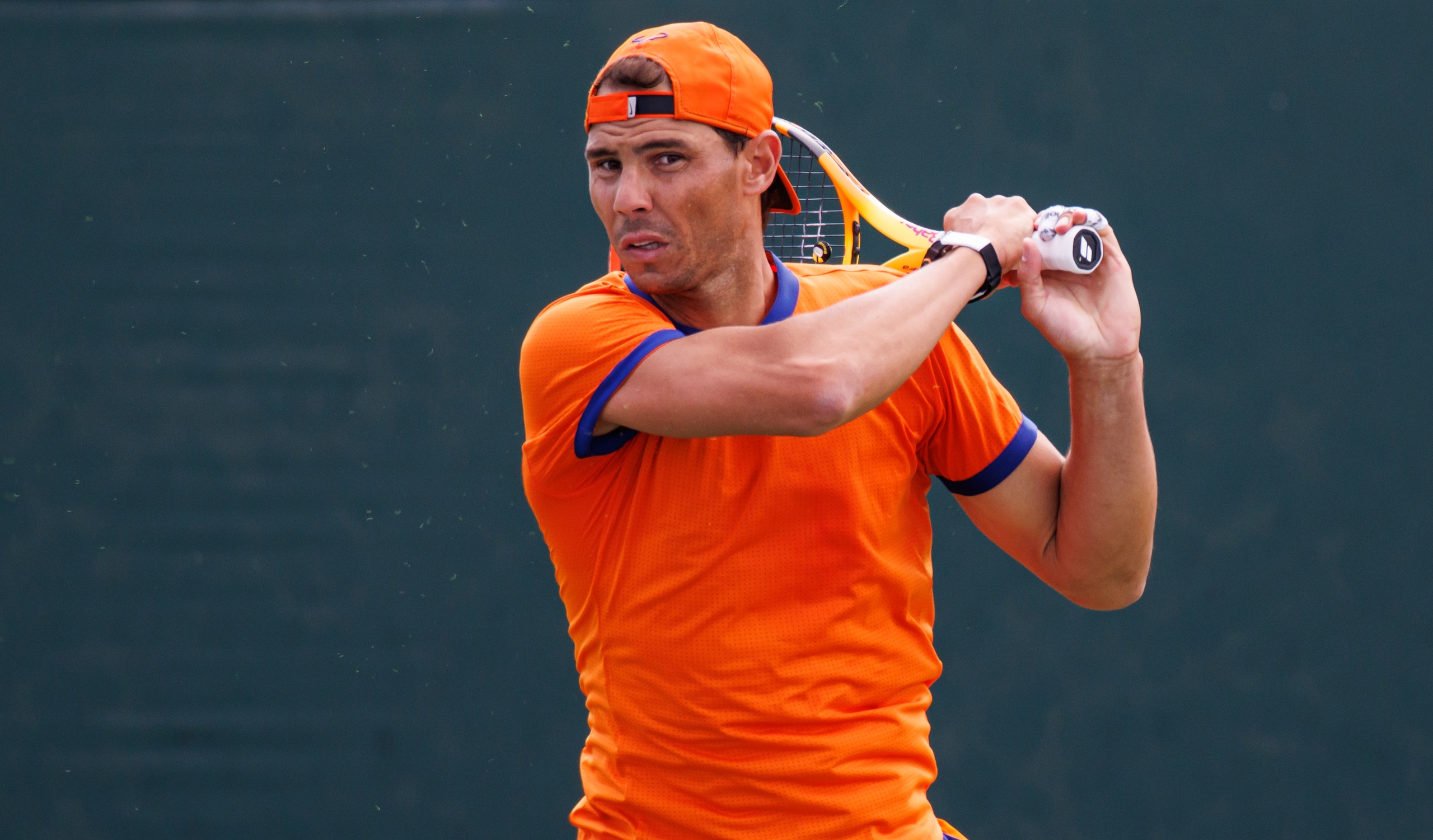 INDIAN WELLS, CALIFORNIA - MARCH 10: Rafael Nadal of Spain practices with his coach Francisco Roig in advance of his first match at the BNP Paribas Open on March 10, 2022 in Indian Wells, California. (Photo by TPN/Getty Images)