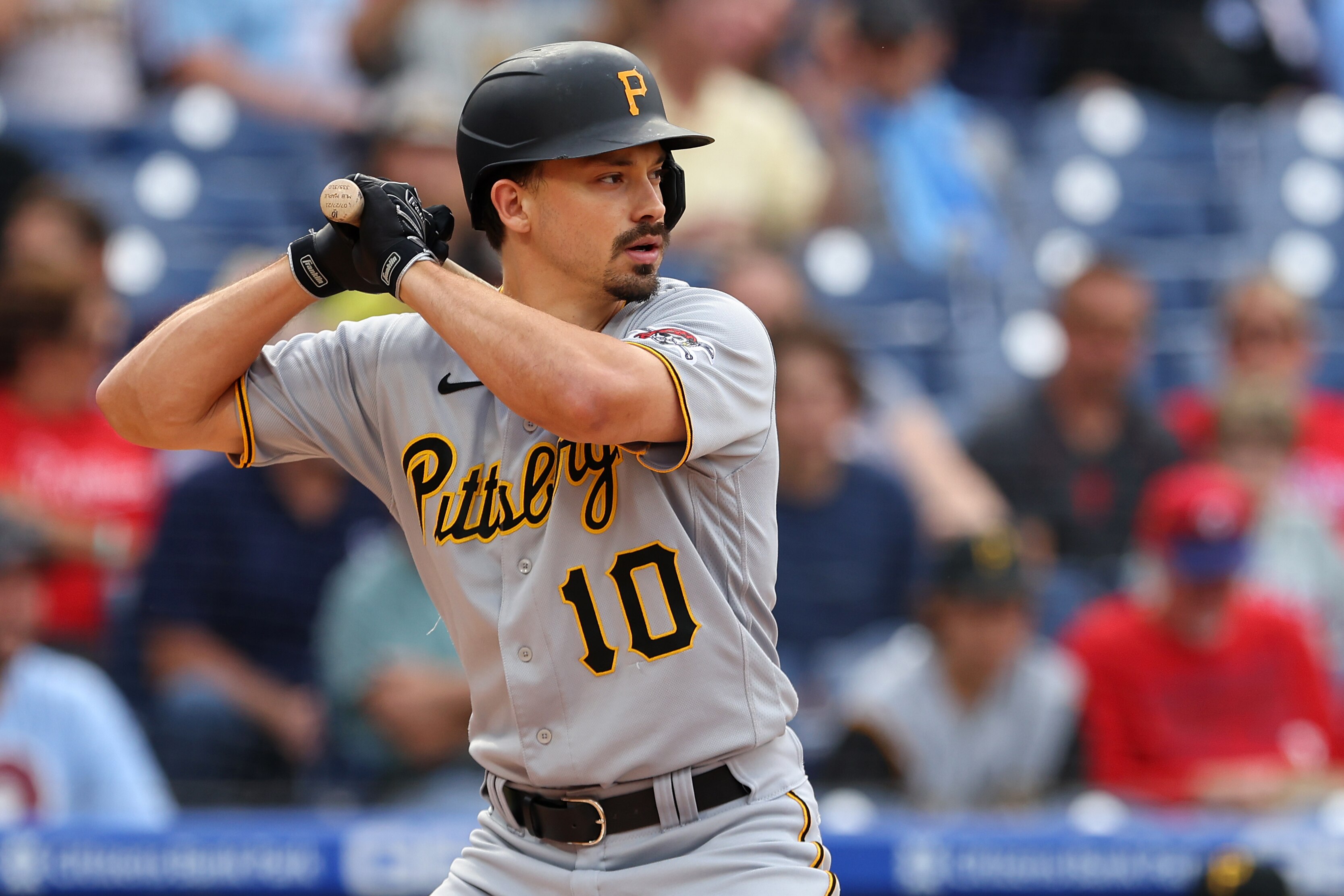 PHILADELPHIA, PA - SEPTEMBER 25: Bryan Reynolds #10 of the Pittsburgh Pirates in action against the Philadelphia Phillies during a game at Citizens Bank Park on September 25, 2021 in Philadelphia, Pennsylvania. (Photo by Rich Schultz/Getty Images)