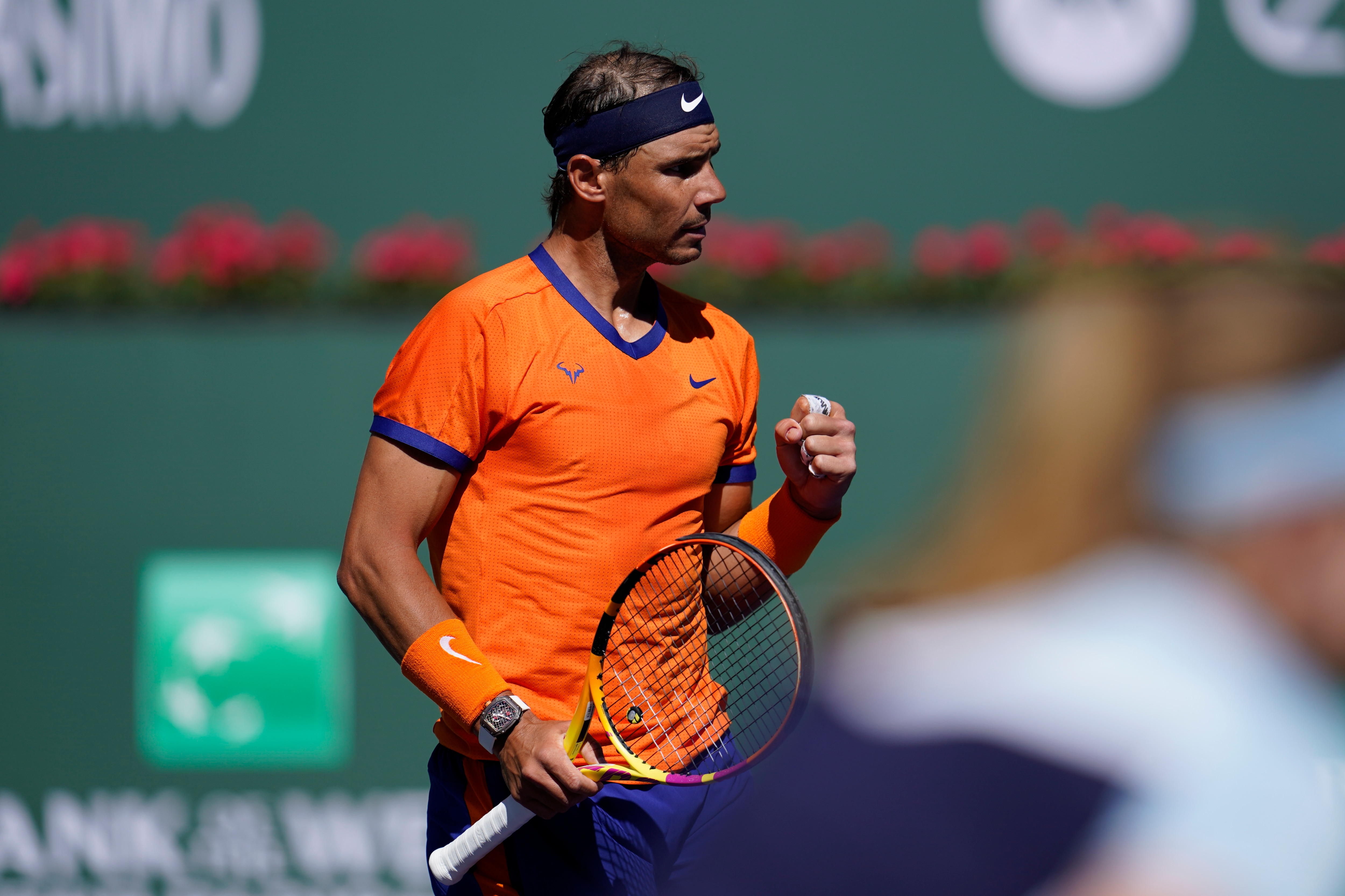 Rafael Nadal, of Spain, reacts after a shot to Sebastian Korda at the BNP Paribas Open tennis tournament Saturday, March 12, 2022, in Indian Wells, Calif. (AP Photo/Marcio Jose Sanchez)