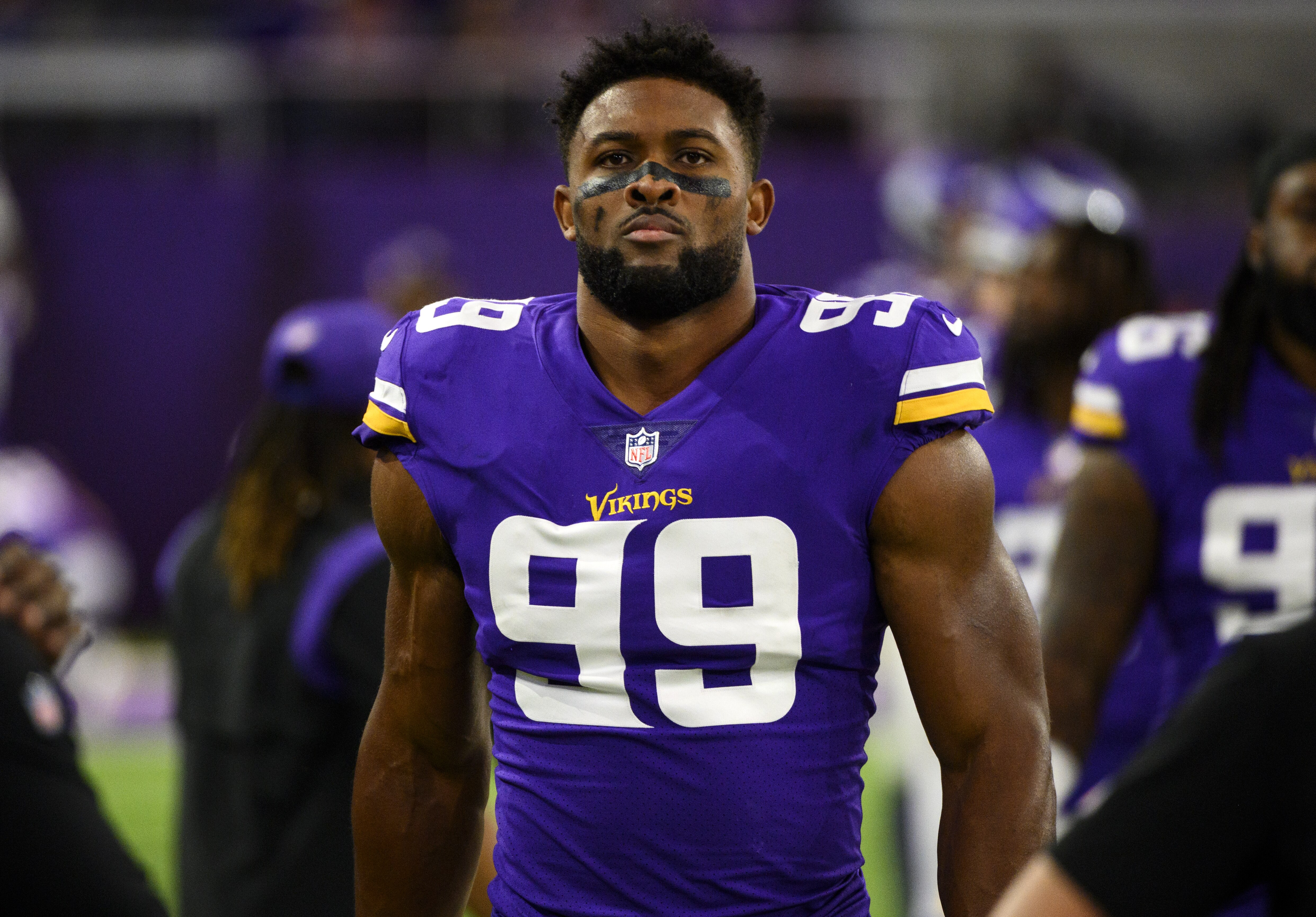 MINNEAPOLIS, MN - OCTOBER 31: Danielle Hunter #99 of the Minnesota Vikings walks the sidelines before the game against the Dallas Cowboys at U.S. Bank Stadium on October 31, 2021 in Minneapolis, Minnesota. (Photo by Stephen Maturen/Getty Images)