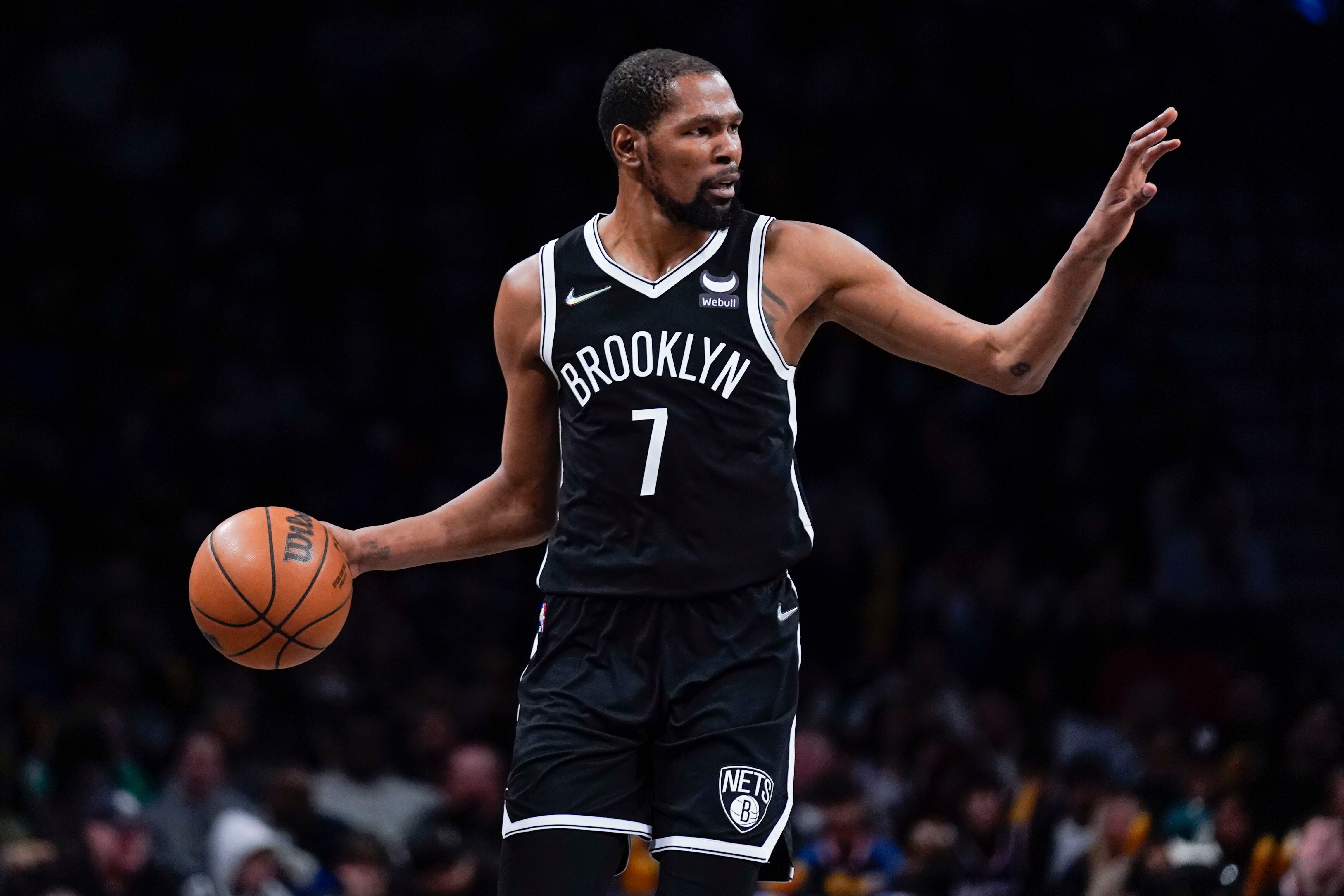 Brooklyn Nets' Kevin Durant during the second half of the NBA basketball game against the New York Knicks at the Barclays Center, Sunday, Mar. 13, 2022, in New York. The Nets defeated the Knicks 110-107. (AP Photo/Seth Wenig)