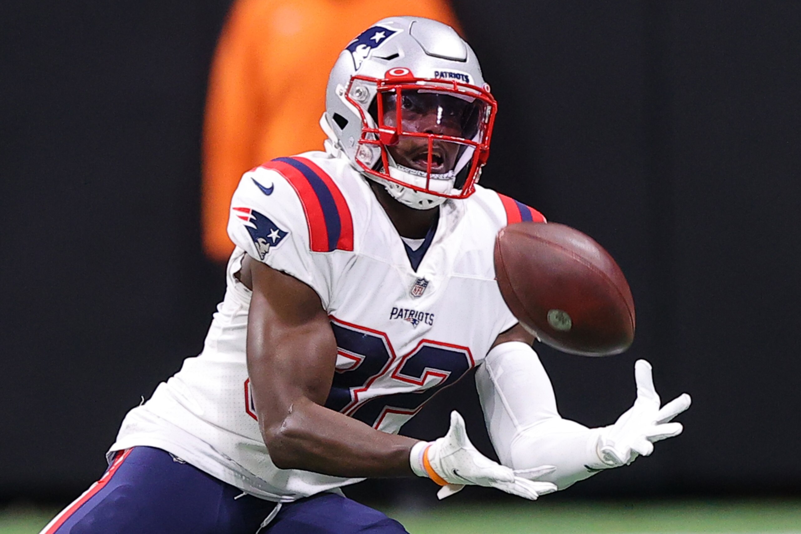 ATLANTA, GEORGIA - NOVEMBER 18: Devin McCourty #32 of the New England Patriots intercepts a pass against the Atlanta Falcons in the fourth quarter at Mercedes-Benz Stadium on November 18, 2021 in Atlanta, Georgia. (Photo by Todd Kirkland/Getty Images) ATLANTA, GEORGIA - NOVEMBER 18: Devin McCourty #32 of the New England Patriots intercepts a pass against the Atlanta Falcons in the fourth quarter at Mercedes-Benz Stadium on November 18, 2021 in Atlanta, Georgia. (Photo by Todd Kirkland/Getty Images)