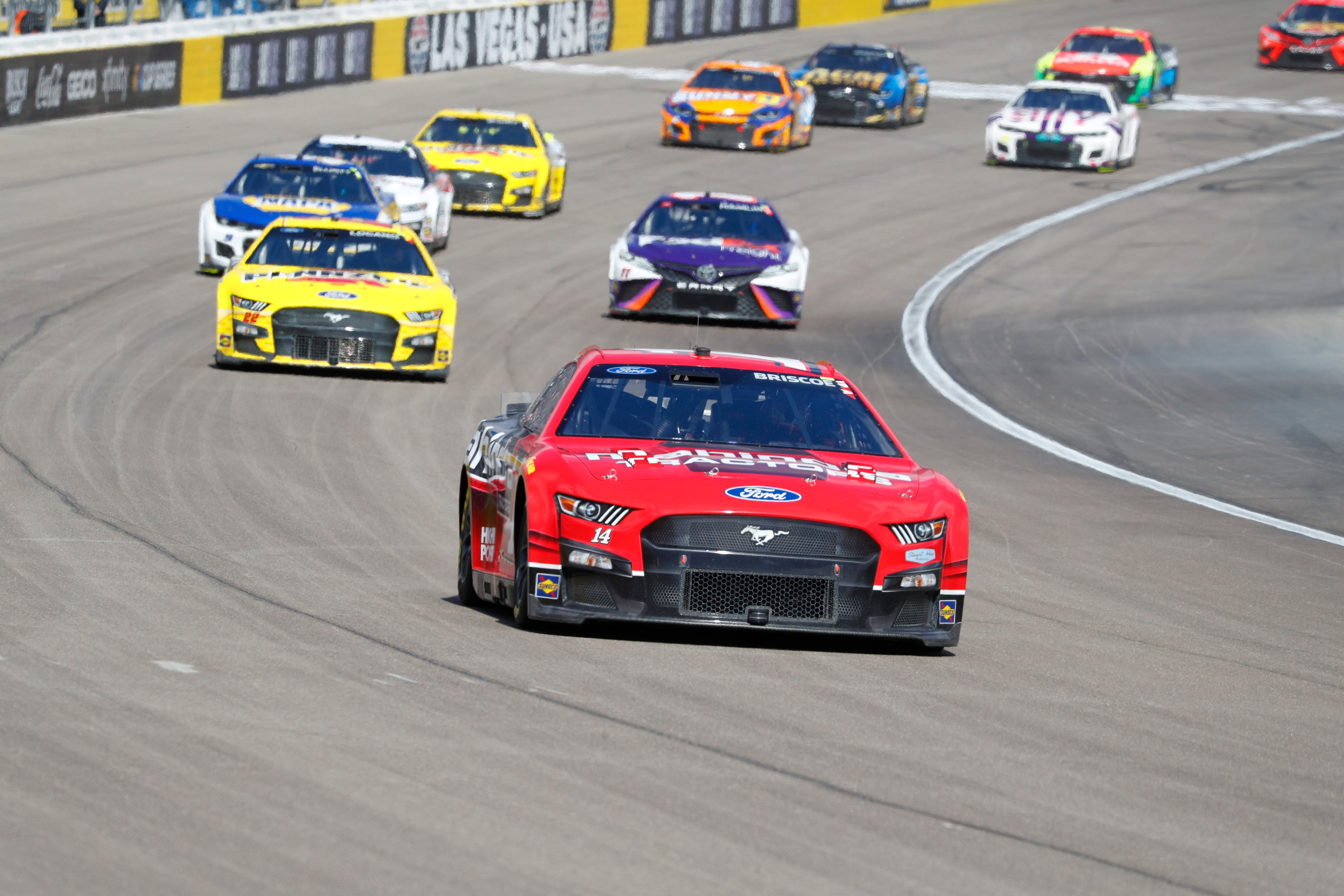LAS VEGAS, NV - MARCH 06: Chase Briscoe (#14 Stewart Haas Racing Mahindra Tractors Ford) racing during the Pennzoil 400 presented by Jiffy Lube NASCAR Cup Series race, on March 6, 2022, at Las Vegas Motor Speedway in Las Vegas, NV.