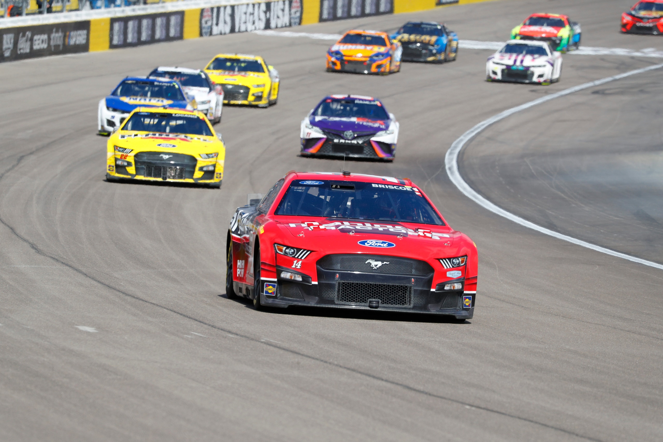 LAS VEGAS, NV - MARCH 06: Chase Briscoe (#14 Stewart Haas Racing Mahindra Tractors Ford) racing during the Pennzoil 400 presented by Jiffy Lube NASCAR Cup Series race, on March 6, 2022, at Las Vegas Motor Speedway in Las Vegas, NV.