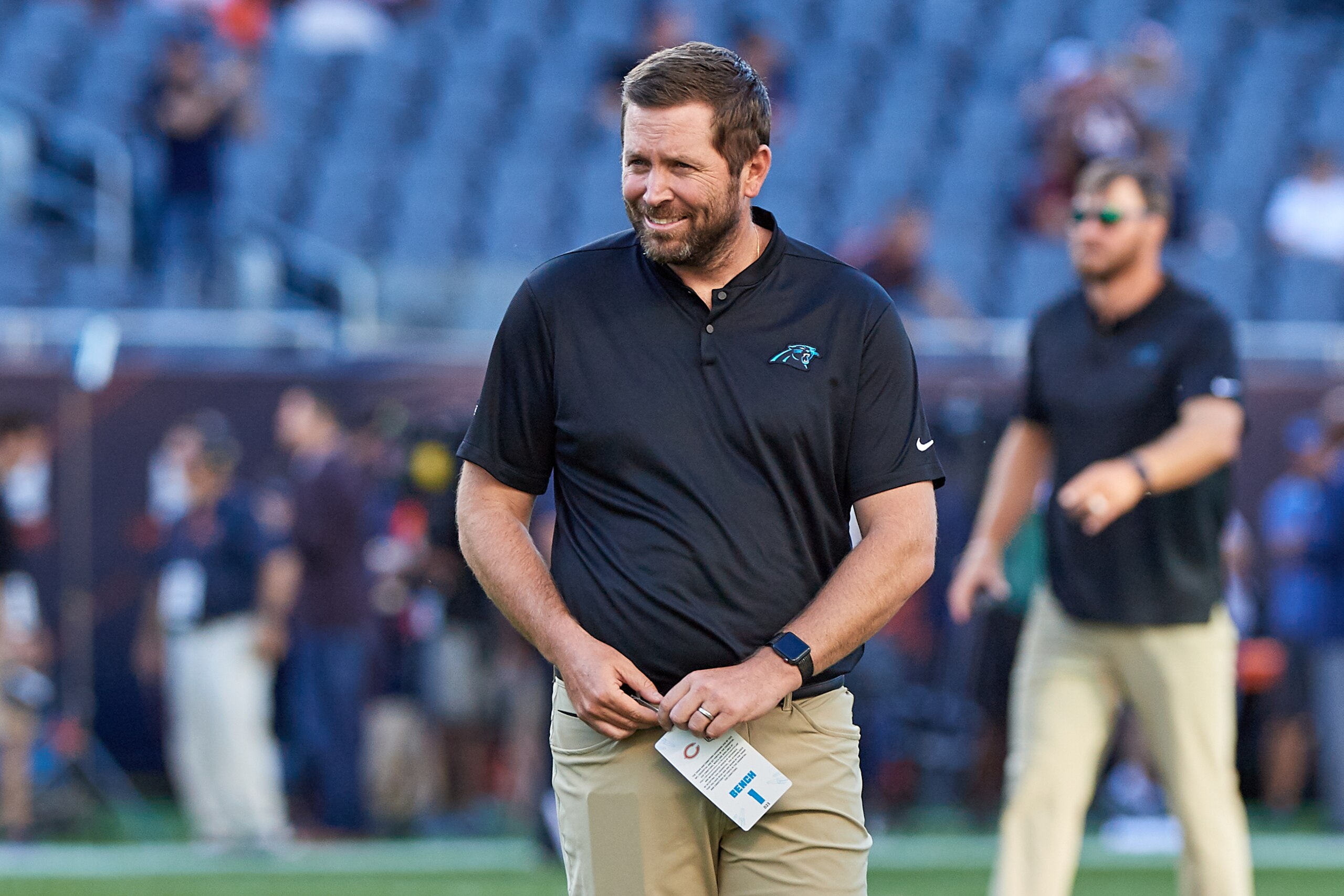 CHICAGO, IL - AUGUST 08: Carolina Panthers  quarterbacks coach Scott Turner looks on prior to game action during a NFL preseason game between the Carolina Panthers and the Chicago Bears on August 8, 2019 at Soldier Field, in Chicago, IL. (Photo by Robin Alam/Icon Sportswire via Getty Images)