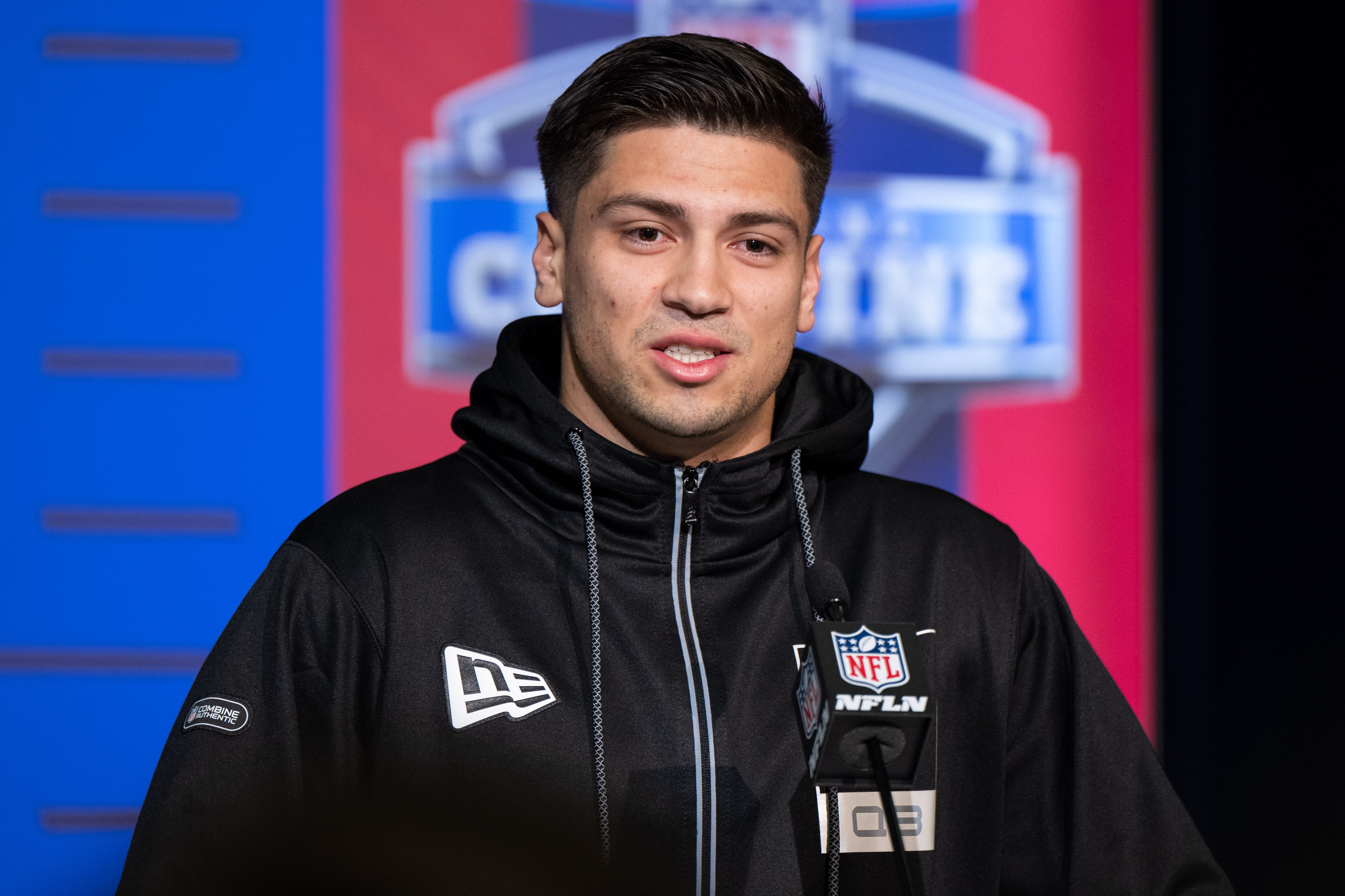 INDIANAPOLIS, IN - MARCH 02: Mississippi quarterback Matt Corral answers questions from the media during the NFL Scouting Combine on March 2, 2022, at the Indiana Convention Center in Indianapolis, IN. (Photo by Zach Bolinger/Icon Sportswire via Getty Images)