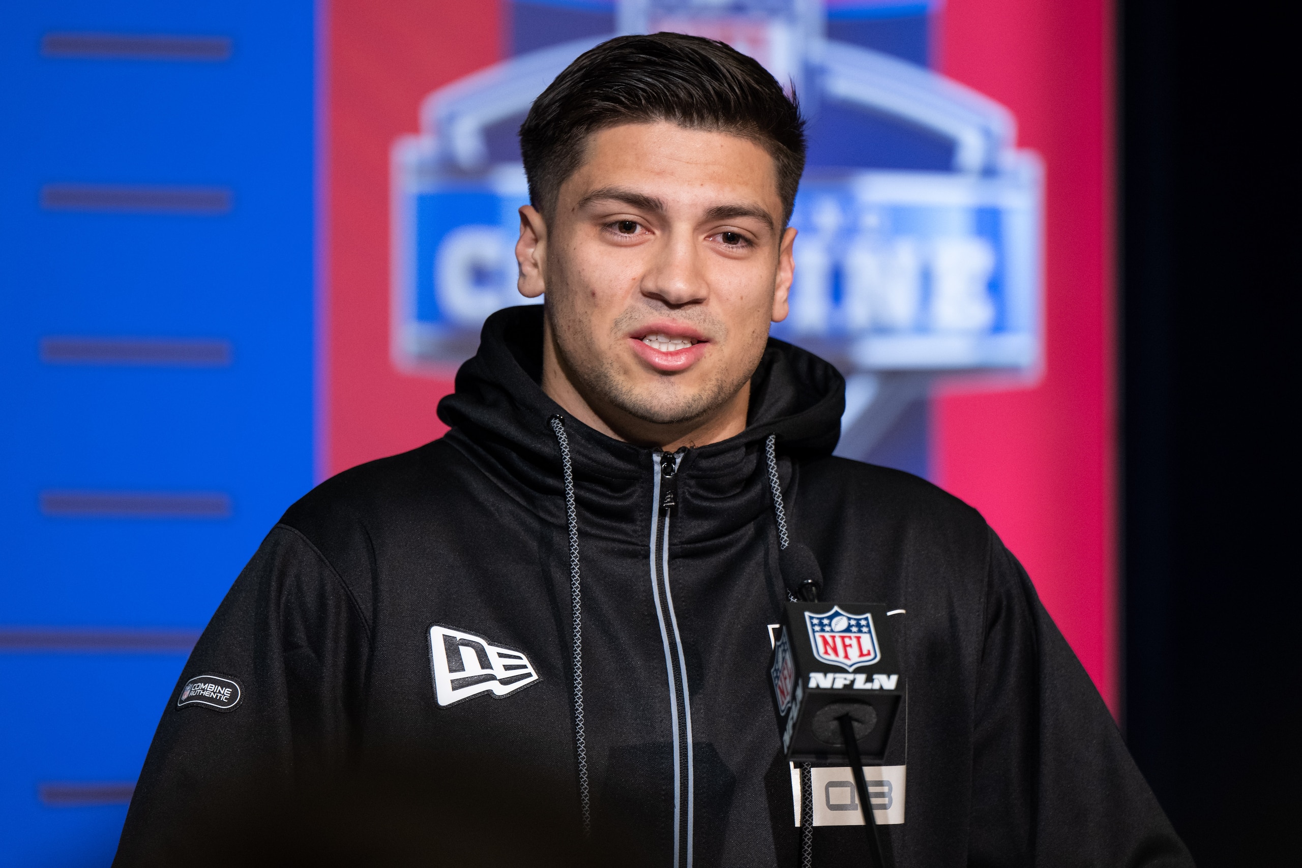 INDIANAPOLIS, IN - MARCH 02: Mississippi quarterback Matt Corral answers questions from the media during the NFL Scouting Combine on March 2, 2022, at the Indiana Convention Center in Indianapolis, IN. (Photo by Zach Bolinger/Icon Sportswire via Getty Images)