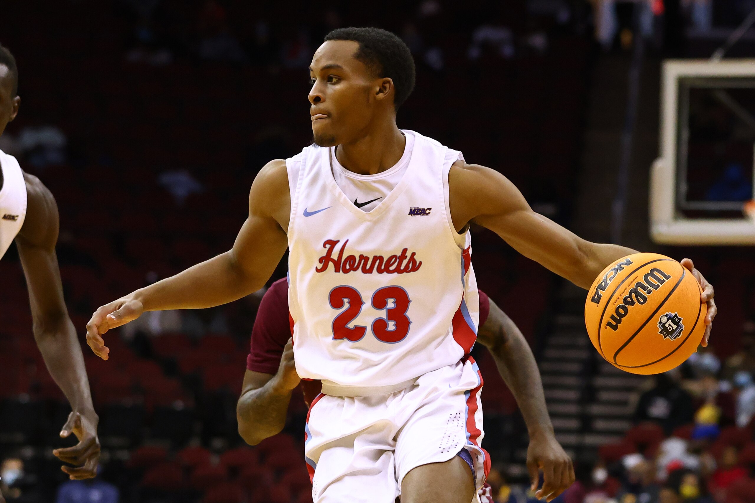 NEWARK, NJ - DECEMBER 18: Myles Carter #23 of the Delaware State Hornets in action against the North Carolina Central Eagles during the second half of a game in the Legacy Classic HBCU Basketball Invitational at Prudential Center on December 18, 2021 in Newark, New Jersey. The Eagles defeated the Hornets 86-53. (Photo by Rich Schultz/Getty Images)