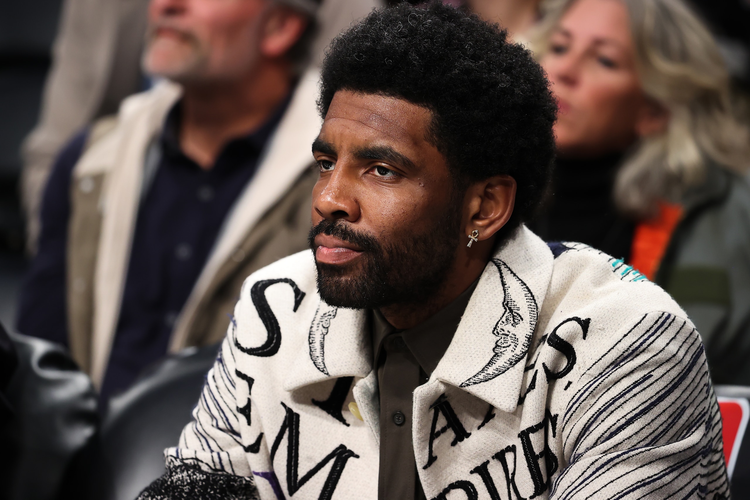 NEW YORK, NY - MARCH 13: Kyrie Irving of Brooklyn Nets is seen during NBA match between Brooklyn Nets and New York Knicks at the Barclays Center in Brooklyn of New York City, United States on March 13, 2022. (Photo by Tayfun Coskun/Anadolu Agency via Getty Images)