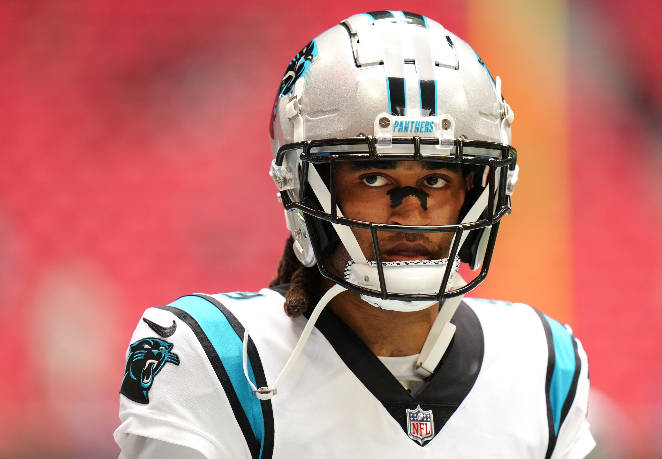 ATLANTA, GEORGIA - OCTOBER 31: Stephon Gilmore #9 of the Carolina Panthers looks on before the game against the Atlanta Falcons at Mercedes-Benz Stadium on October 31, 2021 in Atlanta, Georgia. (Photo by Mark Brown/Getty Images)