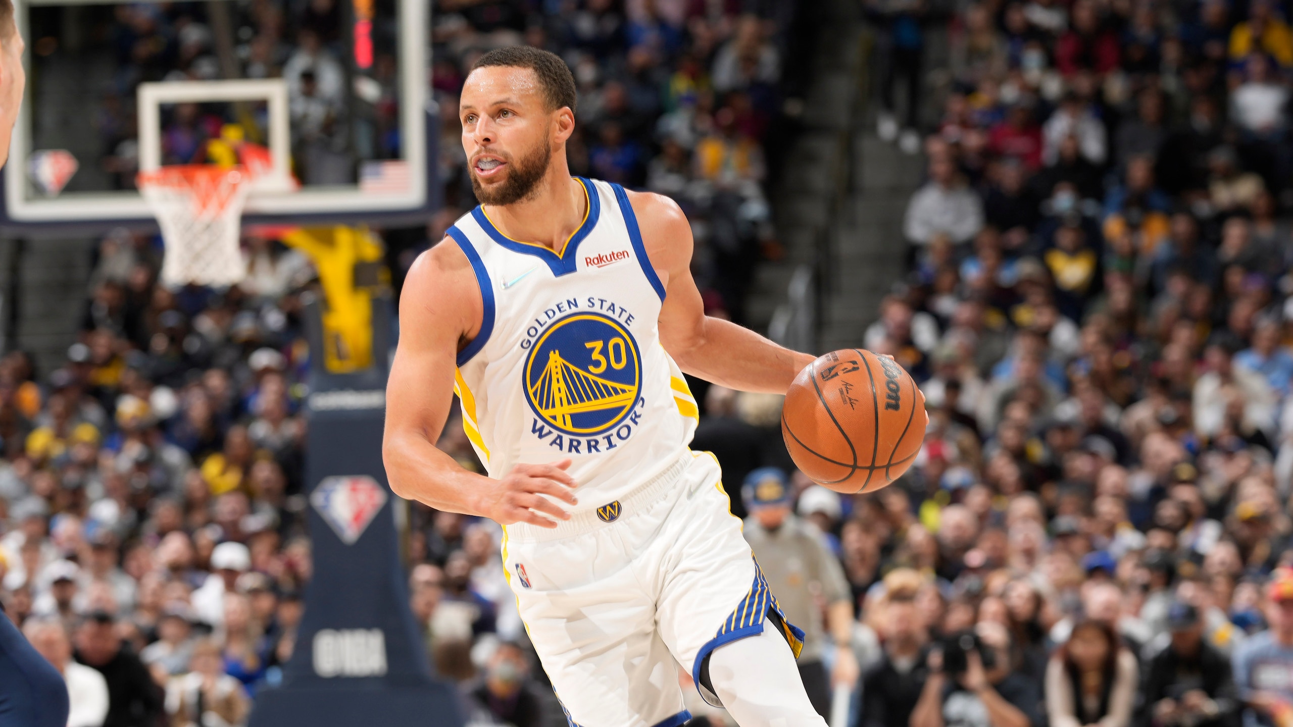 Golden State Warriors guard Stephen Curry (30) in the first half of an NBA basketball game Thursday, March 10, 2022, in Denver. (AP Photo/David Zalubowski) Golden State Warriors guard Stephen Curry (30) in the first half of an NBA basketball game Thursday, March 10, 2022, in Denver. (AP Photo/David Zalubowski)