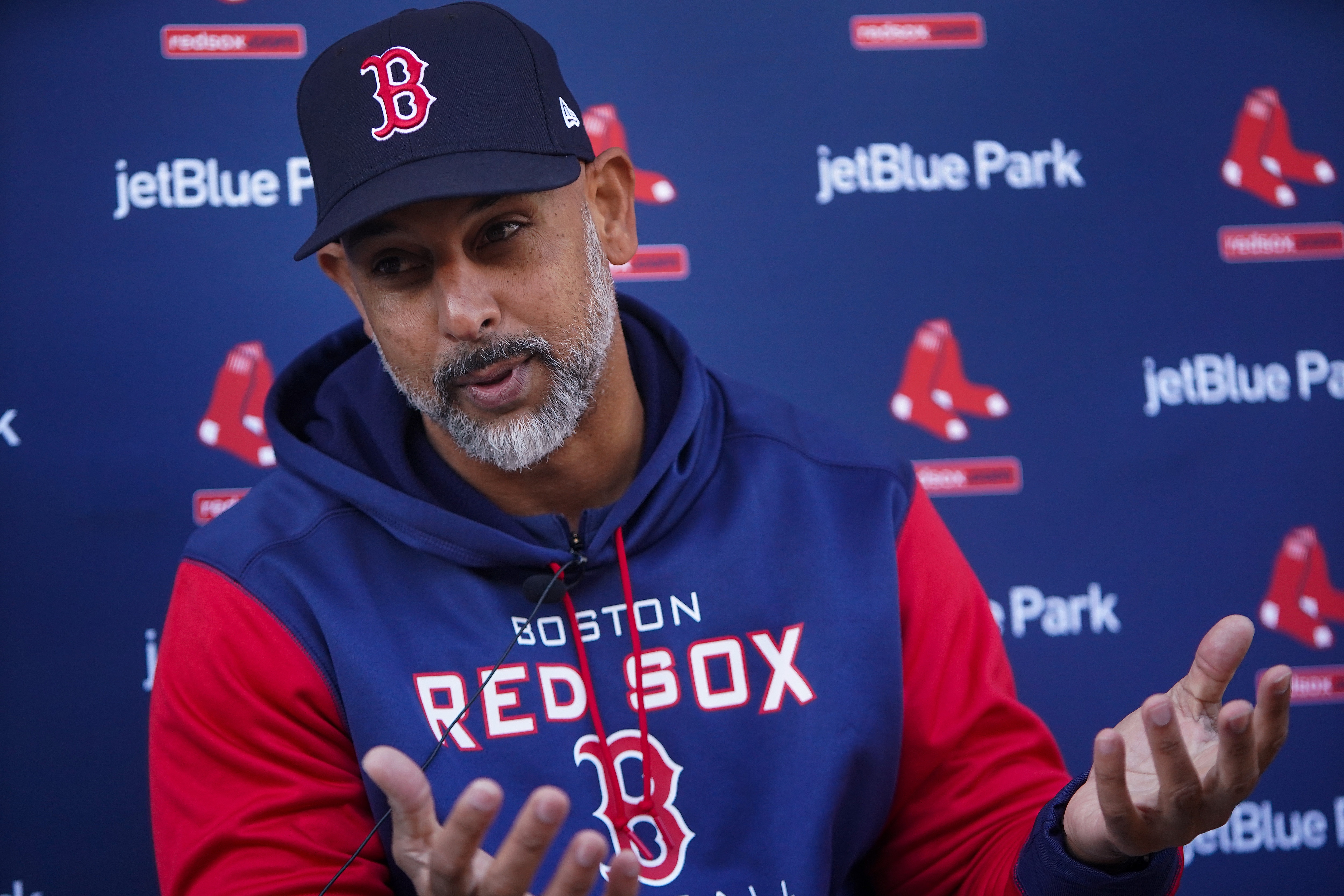 Fort Myers - March 13: Boston Red Sox manager Alex Cora during a media availability. The Boston Red Sox continued Spring Training workouts at the Jet Blue Complex in Fort Myers, FL on March 13, 2022. (Photo by Barry Chin/The Boston Globe via Getty Images)