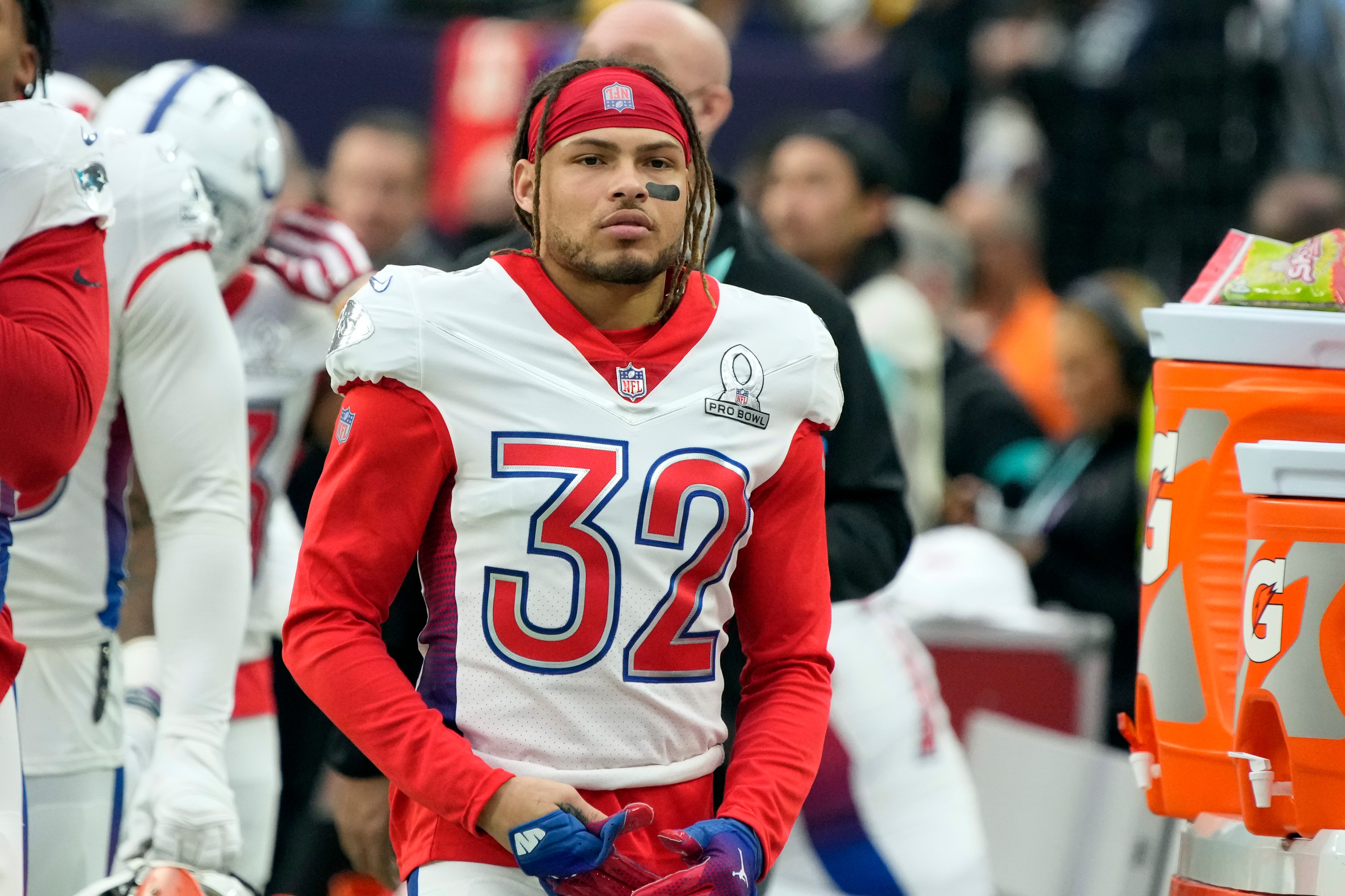 AFC safety Tyrann Mathieu of the Kansas City Chiefs (32) during the first half of the Pro Bowl NFL football game, Sunday, Feb. 6, 2022, in Las Vegas. (AP Photo/Rick Scuteri)