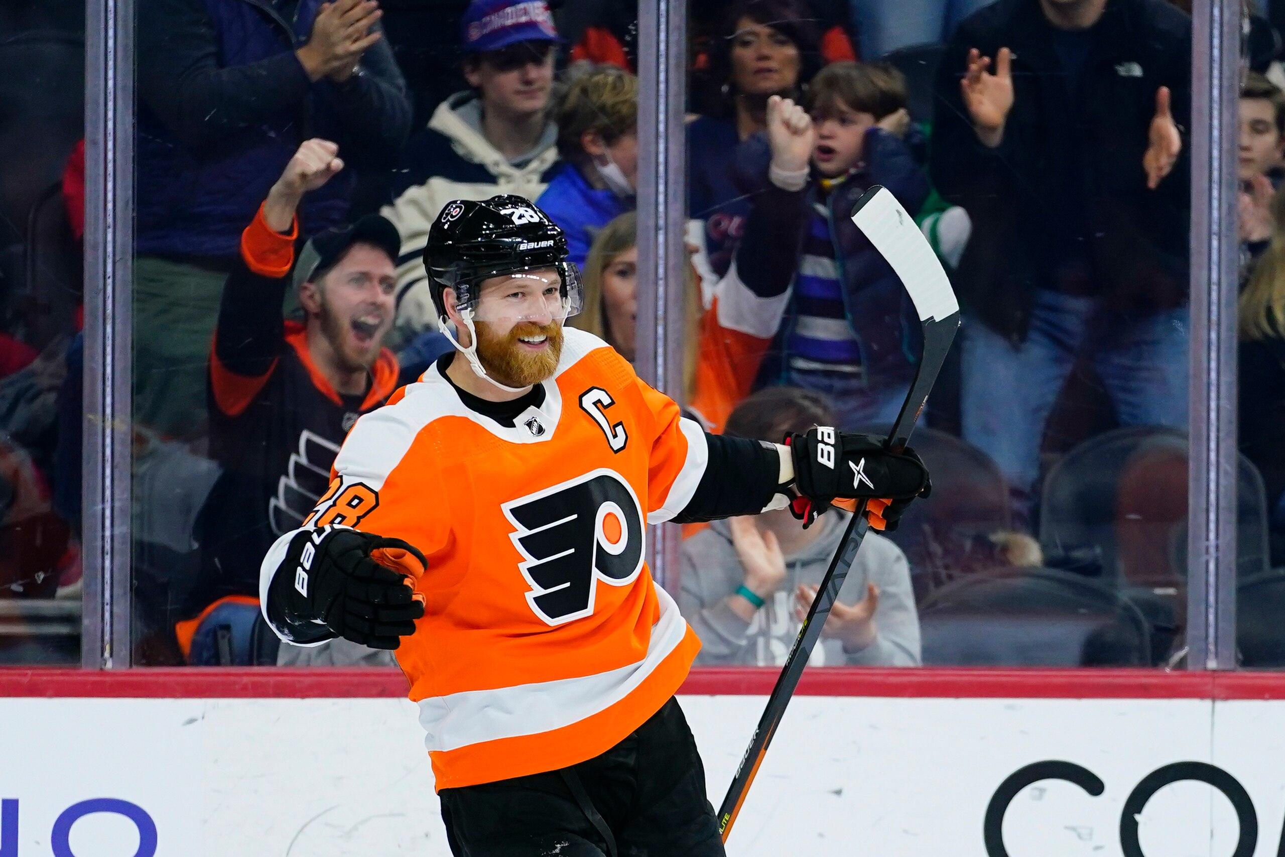 Philadelphia Flyers' Claude Giroux celebrates after scoring a goal during the second period of an NHL hockey game against the Montreal Canadiens, Sunday, March 13, 2022, in Philadelphia. (AP Photo/Matt Slocum)