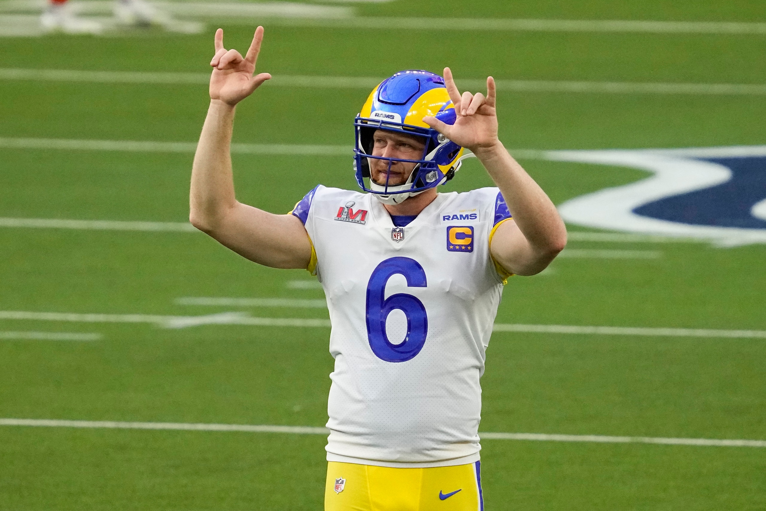 Los Angeles Rams punter Johnny Hekker gestures during the first half of the NFL Super Bowl 56 football game Sunday, Feb. 13, 2022, in Inglewood, Calif. The Los Angeles Rams defeated the Cincinnati Bengals 23-20. (AP Photo/Julio Cortez)