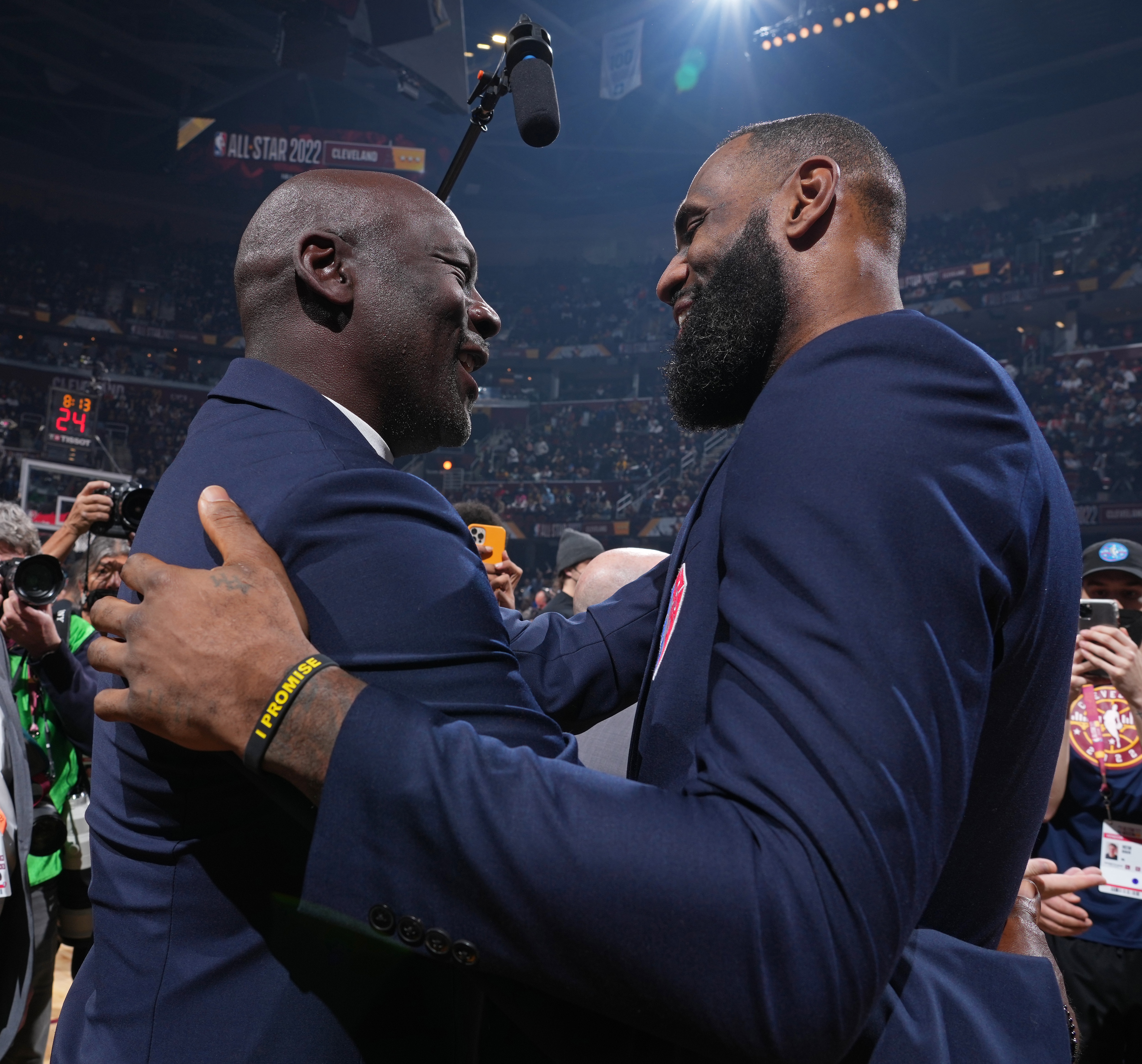 CLEVELAND, OH - FEBRUARY 20: NBA Legends, Michael Jordan and LeBron James shake hands during the 2022 NBA All-Star Game as part of 2022 NBA All Star Weekend on February 20, 2022 at Rocket Mortgage FieldHouse in Cleveland, Ohio. NOTE TO USER: User expressly acknowledges and agrees that, by downloading and/or using this Photograph, user is consenting to the terms and conditions of the Getty Images License Agreement. Mandatory Copyright Notice: Copyright 2022 NBAE (Photo by Jesse D. Garrabrant/NBAE via Getty Images)