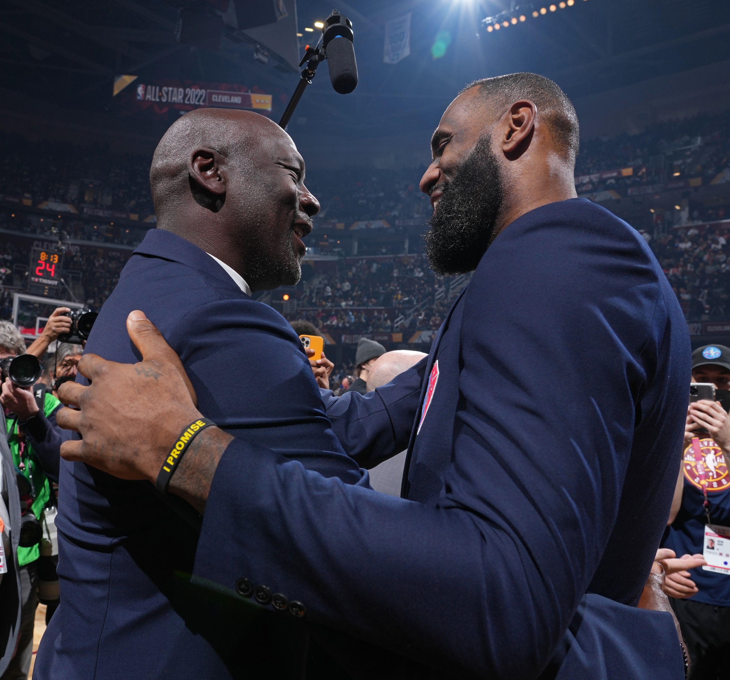 CLEVELAND, OH - FEBRUARY 20: NBA Legends, Michael Jordan and LeBron James shake hands during the 2022 NBA All-Star Game as part of 2022 NBA All Star Weekend on February 20, 2022 at Rocket Mortgage FieldHouse in Cleveland, Ohio. NOTE TO USER: User expressly acknowledges and agrees that, by downloading and/or using this Photograph, user is consenting to the terms and conditions of the Getty Images License Agreement. Mandatory Copyright Notice: Copyright 2022 NBAE (Photo by Jesse D. Garrabrant/NBAE via Getty Images)