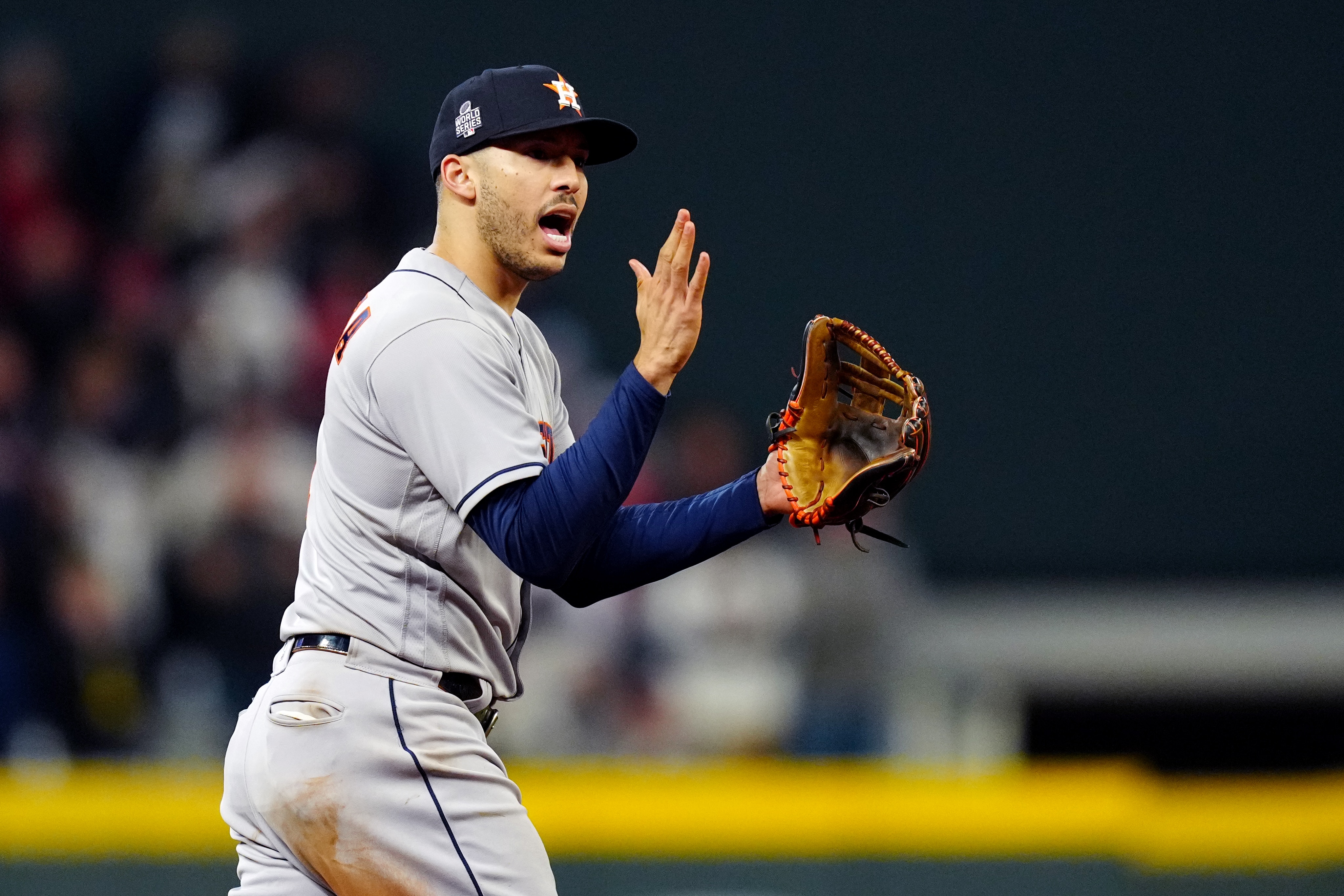 ATLANTA, GA - OCTOBER 31:  Carlos Correa #1 of the Houston Astros celebrates after the Astros defeated the Atlanta Braves in Game 5 of the 2021 World Series at Truist Park on Sunday, October 31, 2021 in Atlanta, Georgia. (Photo by Daniel Shirey/MLB Photos via Getty Images)