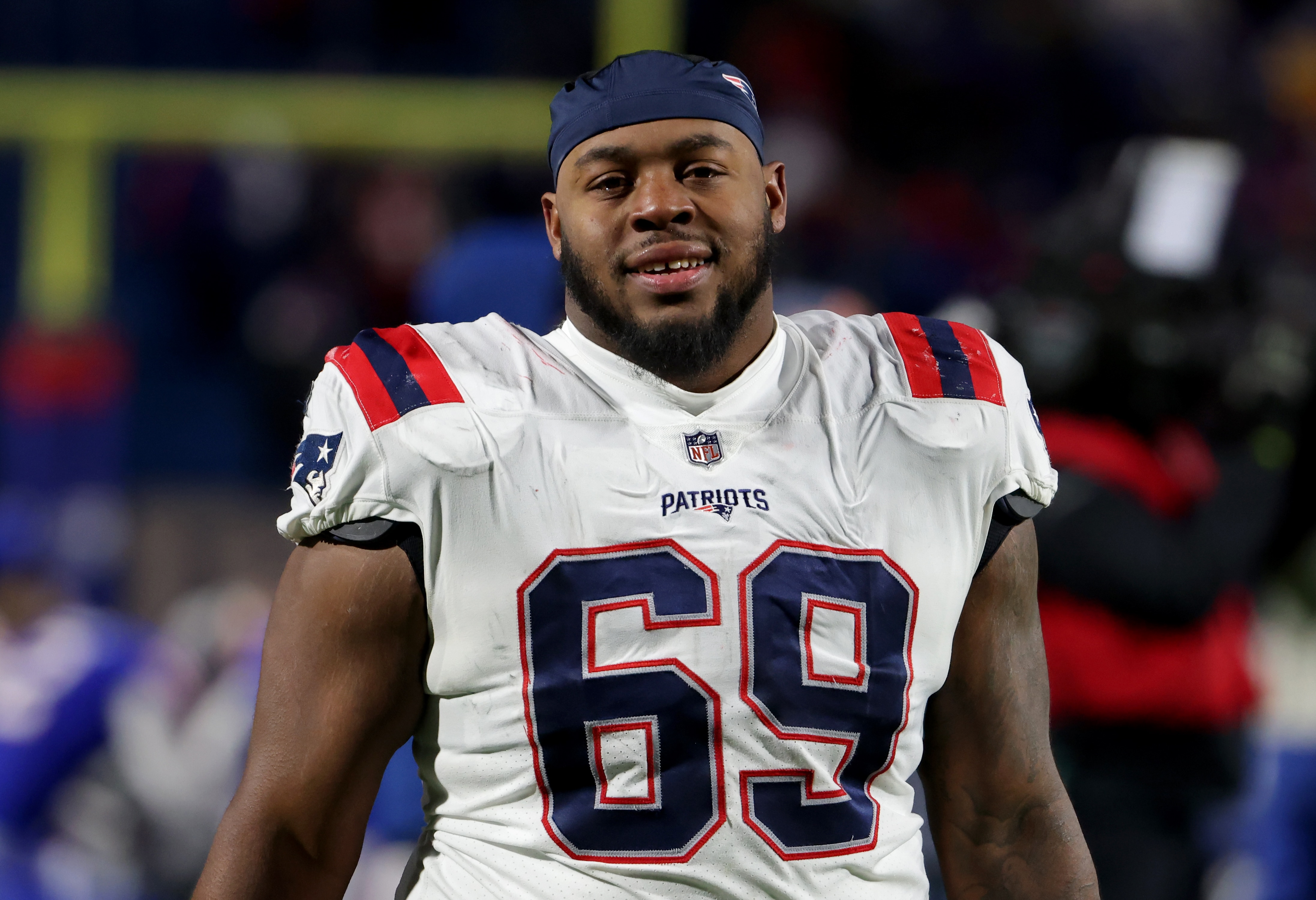 ORCHARD PARK, NY - DECEMBER 06: Shaq Mason #69 of the New England Patriots after a game against the Buffalo Bills at Highmark Stadium on December 6, 2021 in Orchard Park, New York. (Photo by Timothy T Ludwig/Getty Images)