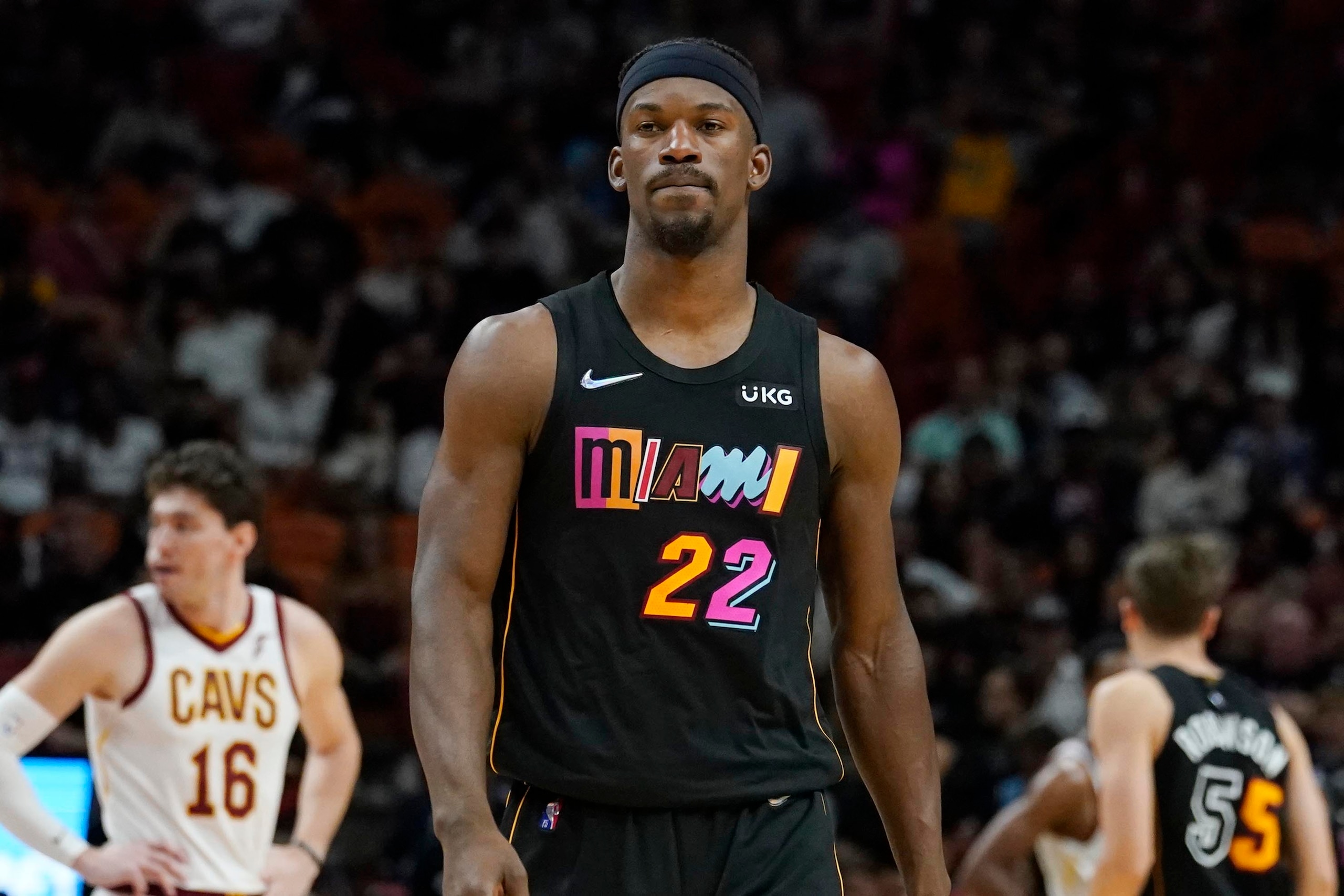 Miami Heat forward Jimmy Butler (22) walks the court during the second half of an NBA basketball game against the Cleveland Cavaliers, Friday, March 11, 2022, in Miami. (AP Photo/Marta Lavandier)
