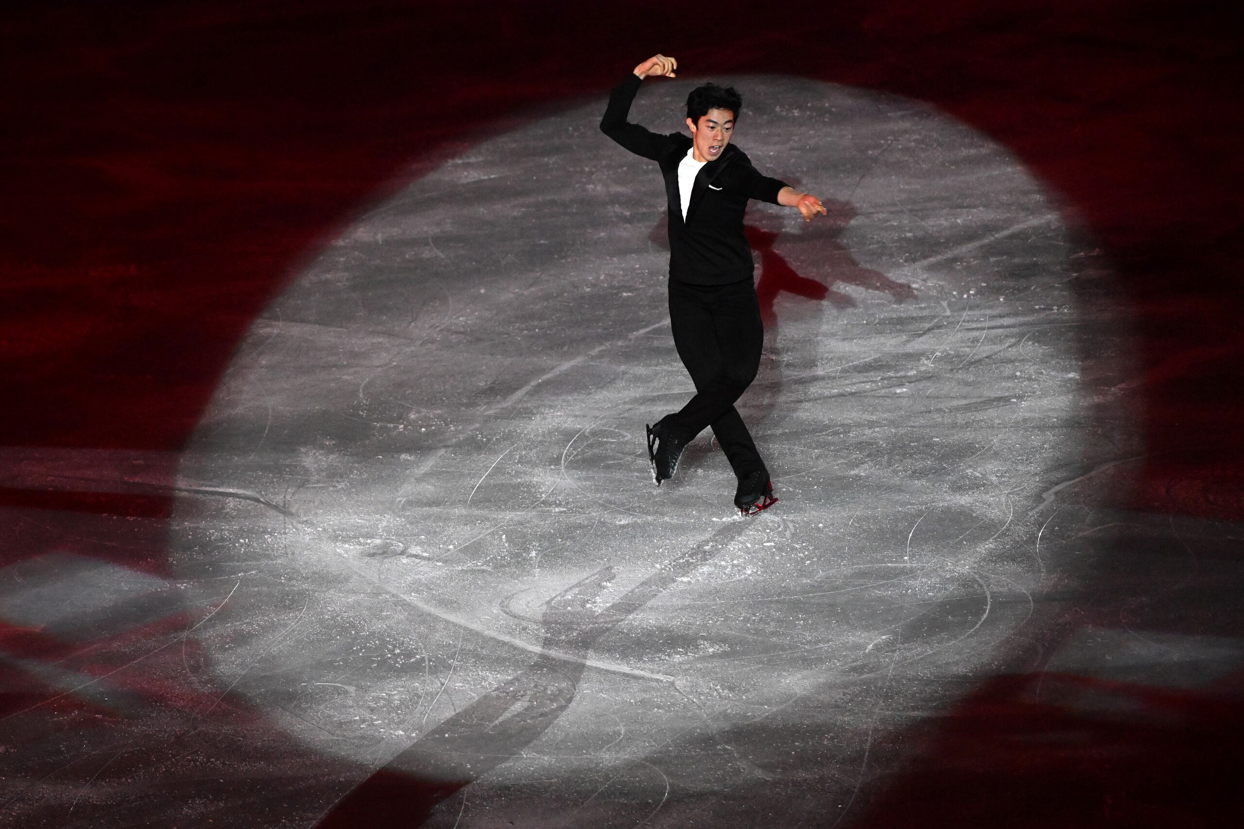 Nathan Chen of the United States performs during the figure skating gala event of the Beijing 2022 Winter Olympics at Capital Indoor Stadium in Beijing, capital of China, Feb. 20, 2022. (Photo by Ma Ning/Xinhua via Getty Images)