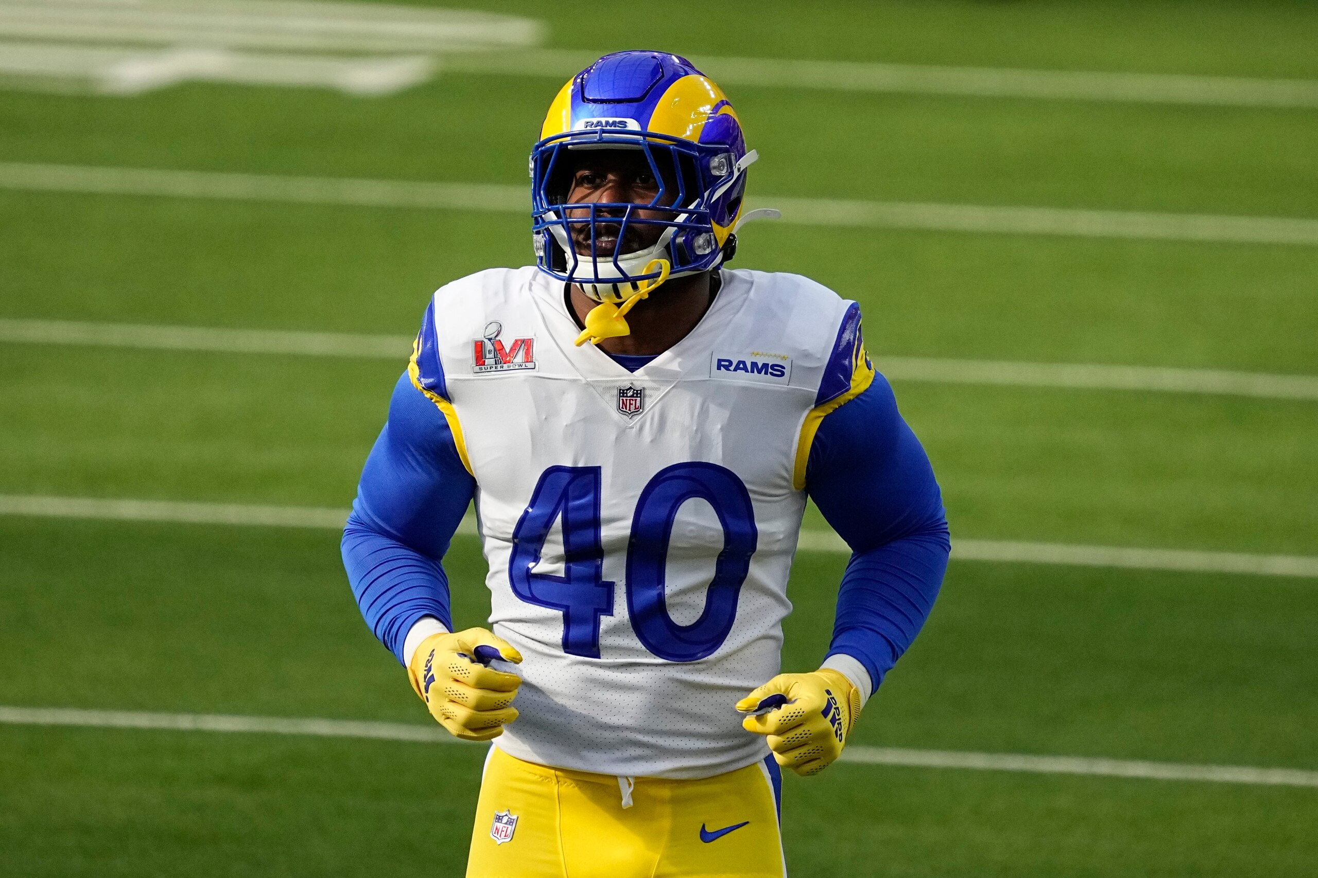 Los Angeles Rams outside linebacker Von Miller works out prior to the start of the NFL Super Bowl 56 football game Sunday, Feb. 13, 2022, in Inglewood, Calif. The Los Angeles Rams defeated the Cincinnati Bengals 23-20. (AP Photo/Julio Cortez)
