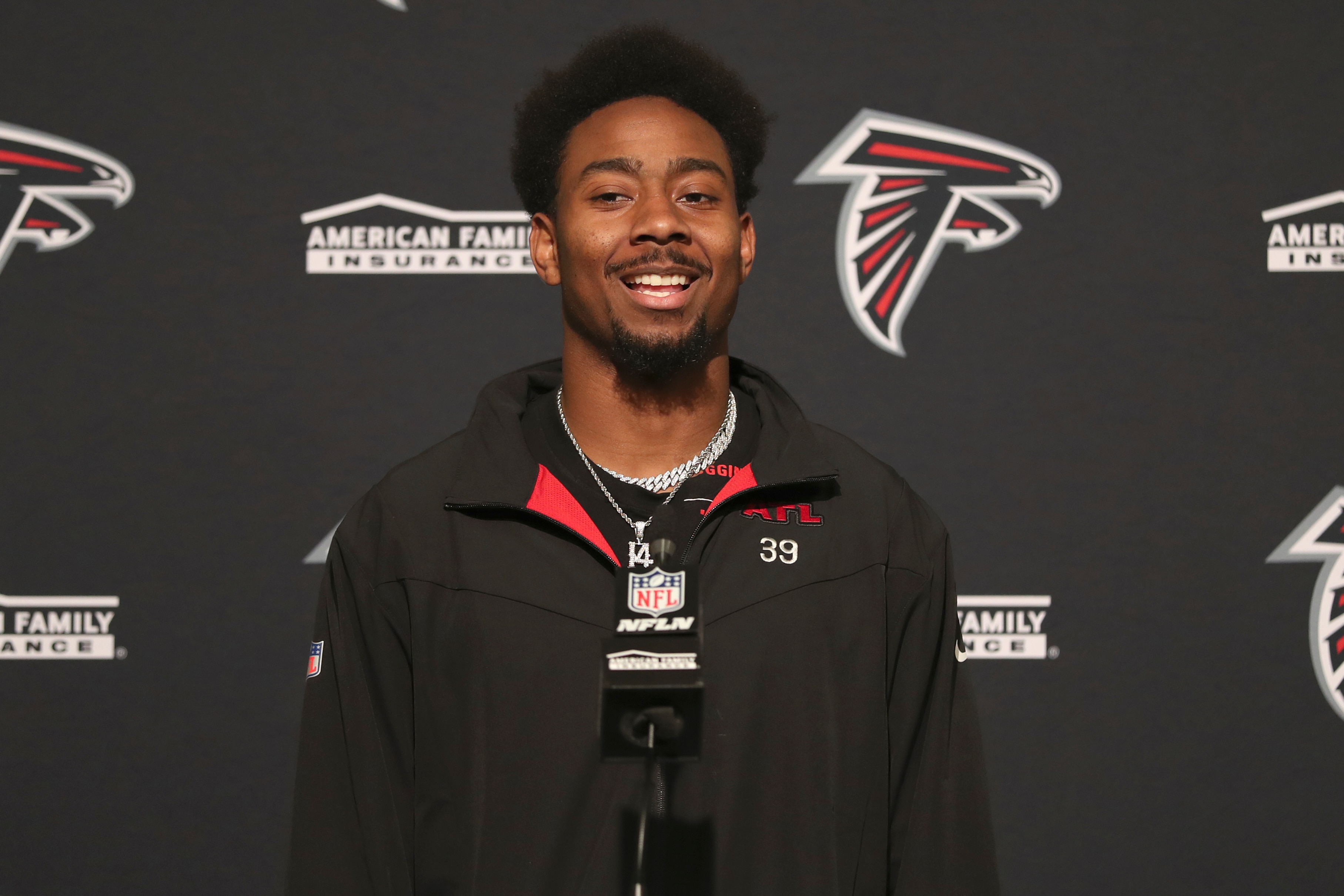 Atlanta Falcons wide receiver Russell Gage speaks at a news conference after an NFL football game against the San Francisco 49ers in Santa Clara, Calif., Sunday, Dec. 19, 2021. (AP Photo/Jed Jacobsohn)