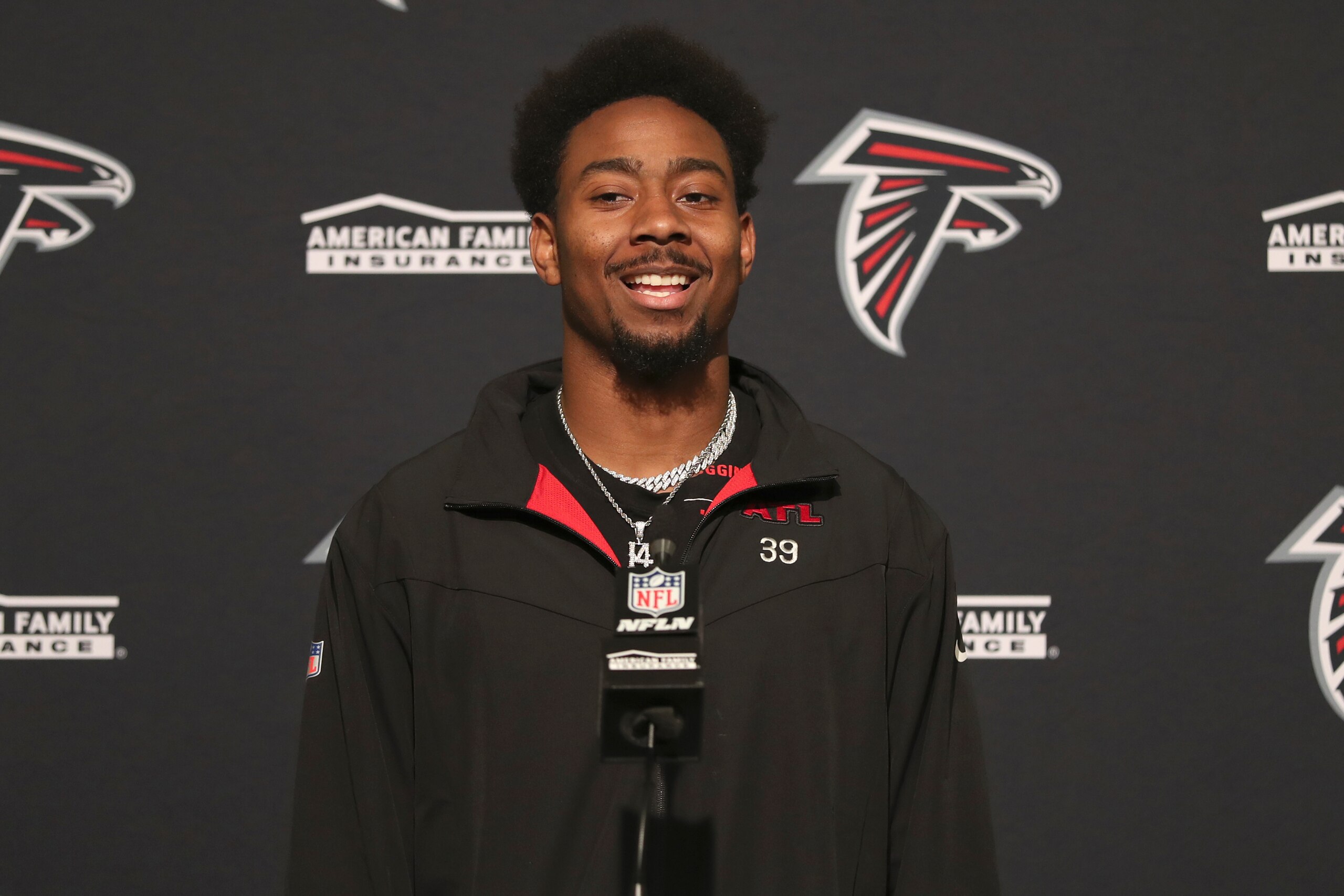 Atlanta Falcons wide receiver Russell Gage speaks at a news conference after an NFL football game against the San Francisco 49ers in Santa Clara, Calif., Sunday, Dec. 19, 2021. (AP Photo/Jed Jacobsohn)