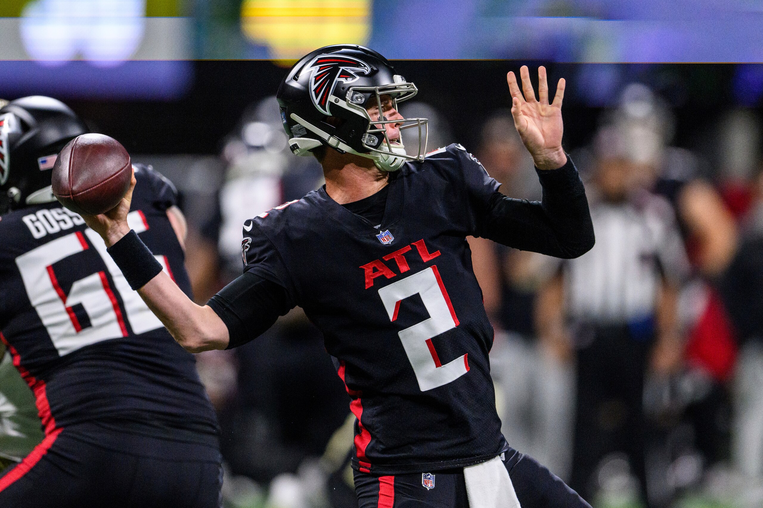 Atlanta Falcons quarterback Matt Ryan (2) throws during the first half of an NFL football game against the New Orleans Saints, Sunday, Jan. 9, 2022, in Atlanta. The New Orleans Saints won 30-20. (AP Photo/Danny Karnik)