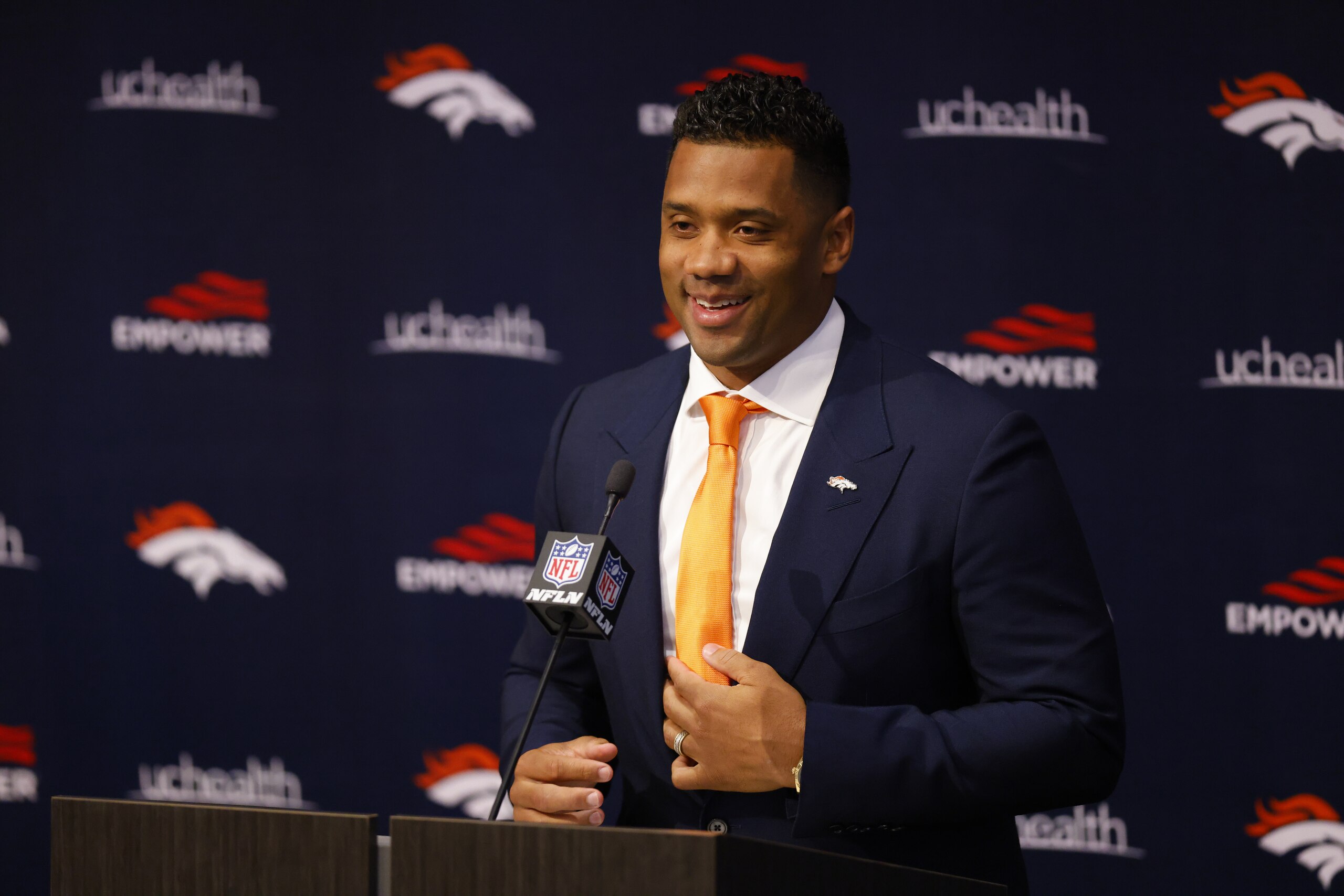 ENGLEWOOD, CO - MARCH 16: Quarterback Russell Wilson #3 of the Denver Broncos addresses the press at UCHealth Training Center on March 16, 2022 in Englewood, Colorado. (Photo by Justin Edmonds/Getty Images) ENGLEWOOD, CO - MARCH 16: Quarterback Russell Wilson #3 of the Denver Broncos addresses the press at UCHealth Training Center on March 16, 2022 in Englewood, Colorado. (Photo by Justin Edmonds/Getty Images)