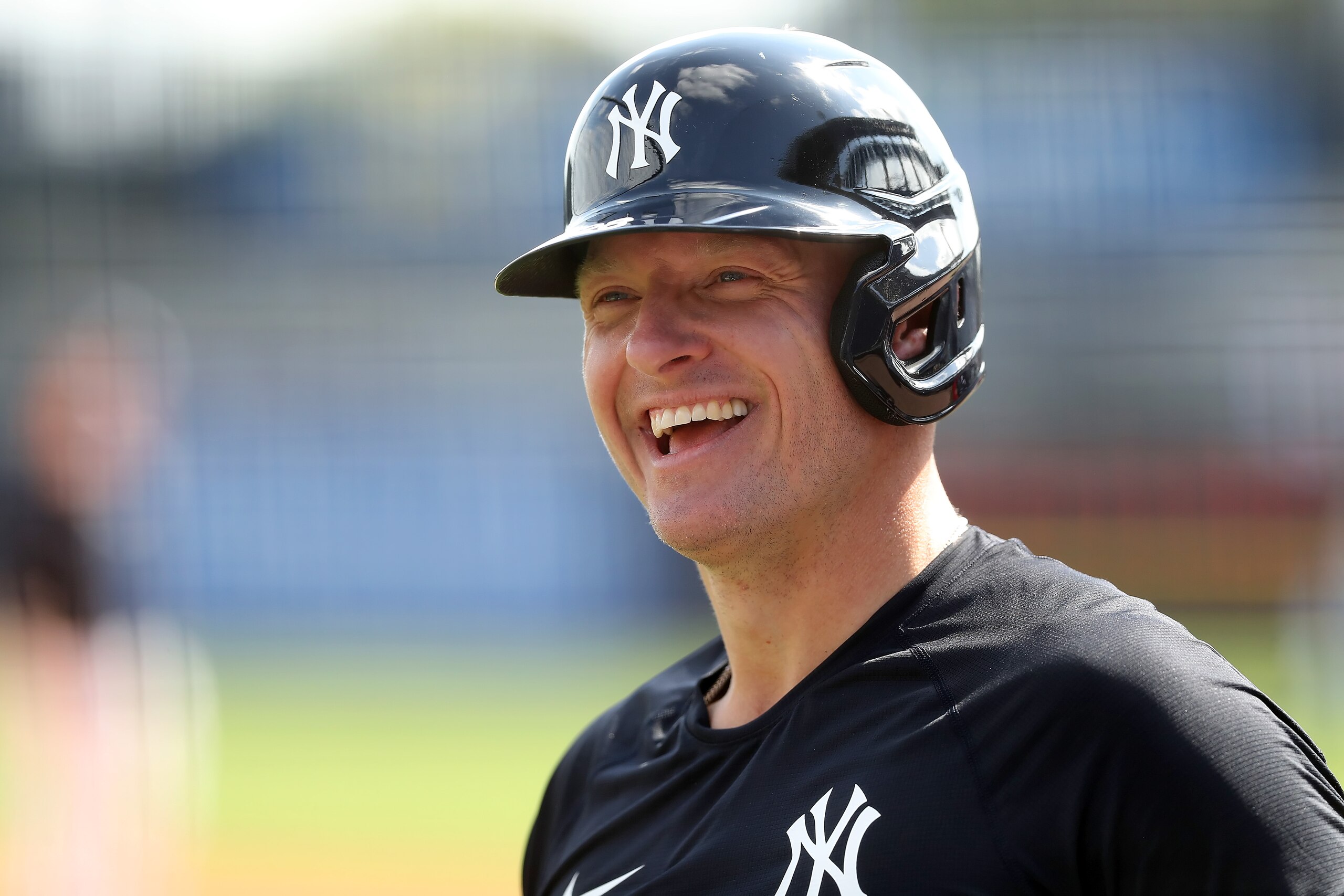 TAMPA, FL - MARCH 15: New York Yankees third baseman Josh Donaldson (28) shares a laugh with a couple teammates during the Yankees spring training workout on March 15, 2022, at Steinbrenner Field in Tampa, FL. (Photo by Cliff Welch/Icon Sportswire via Getty Images)