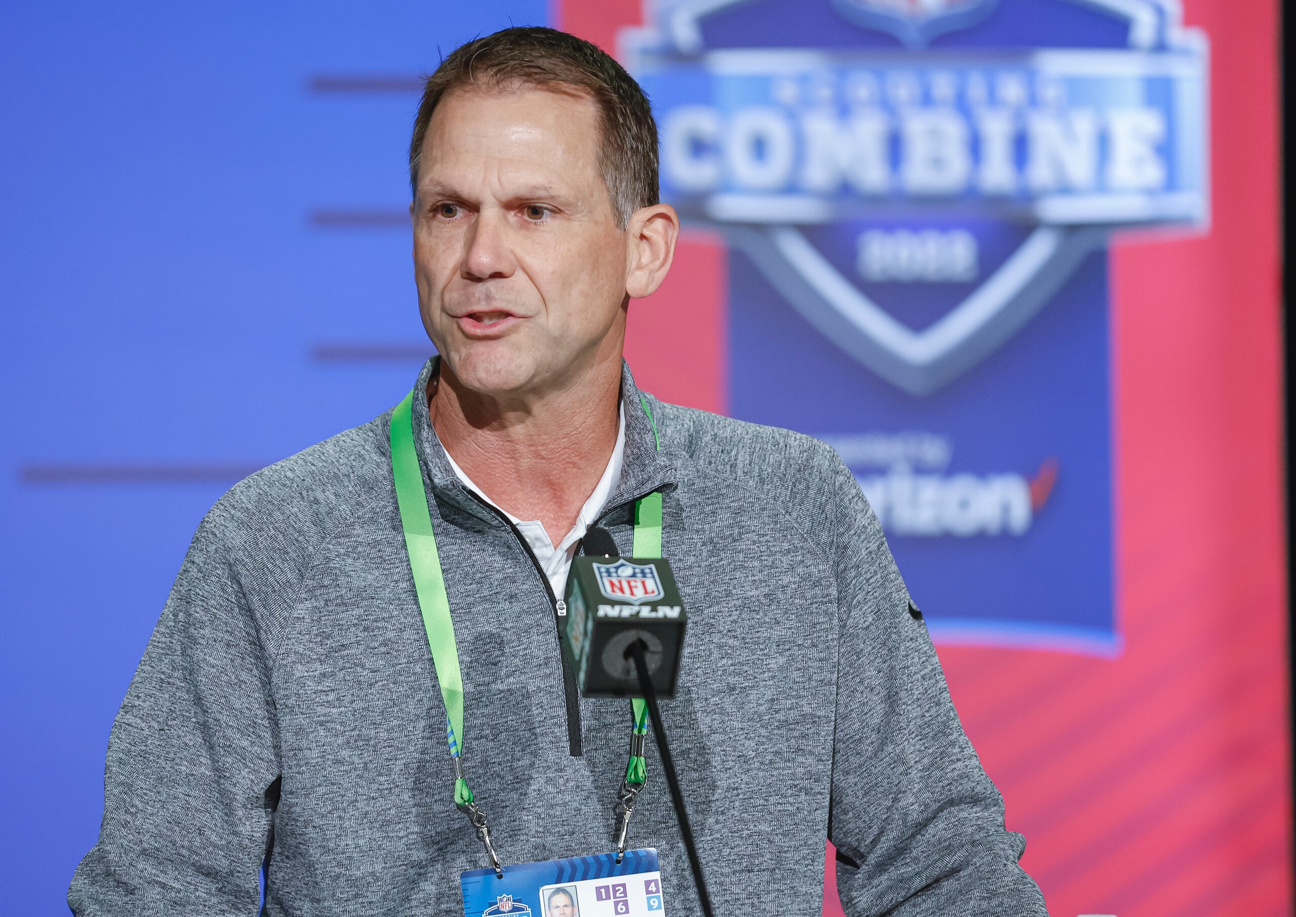INDIANAPOLIS, IN - MAR 01: Trent Baalke, general manager of the Jacksonville Jaguars speaks to reporters during the NFL Draft Combine at the Indiana Convention Center on March 1, 2022 in Indianapolis, Indiana. (Photo by Michael Hickey/Getty Images)