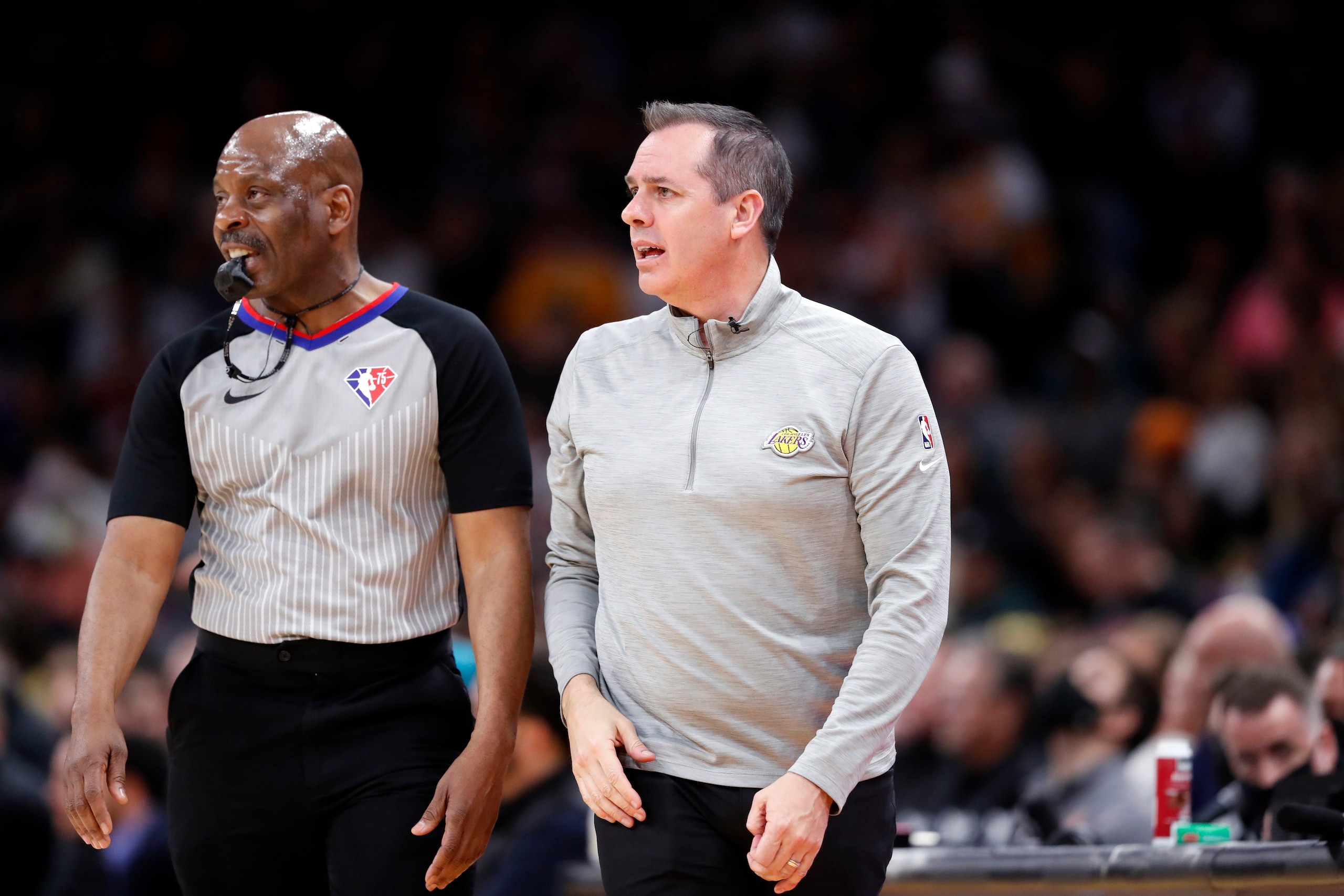 PHOENIX, ARIZONA - MARCH 13: Head coach Frank Vogel of the Los Angeles Lakers talks to referee Derek Richardson #63 during the second half against the Phoenix Suns at Footprint Center on March 13, 2022 in Phoenix, Arizona. NOTE TO USER: User expressly acknowledges and agrees that, by downloading and or using this photograph, User is consenting to the terms and conditions of the Getty Images License Agreement. (Photo by Chris Coduto/Getty Images) PHOENIX, ARIZONA - MARCH 13: Head coach Frank Vogel of the Los Angeles Lakers talks to referee Derek Richardson #63 during the second half against the Phoenix Suns at Footprint Center on March 13, 2022 in Phoenix, Arizona. NOTE TO USER: User expressly acknowledges and agrees that, by downloading and or using this photograph, User is consenting to the terms and conditions of the Getty Images License Agreement. (Photo by Chris Coduto/Getty Images)