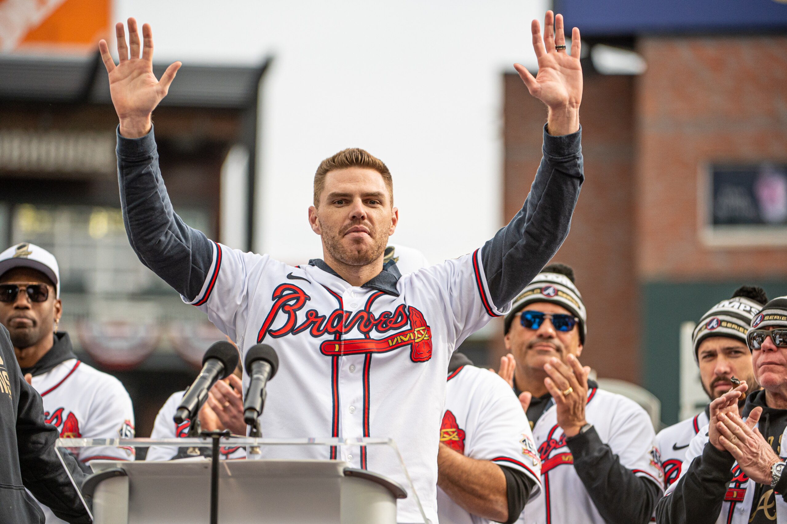 ATLANTA, GA - NOVEMBER 05:  Atlanta Braves first baseman Freddie Freeman (5) showing appreciation for the Atlanta crowd during the championship celebration for the 2021 World Champion Atlanta Braves at Truist Park on November 05, 2021 at Truist Park in Atlanta, GA.  (Photo by John Adams/Icon Sportswire via Getty Images)