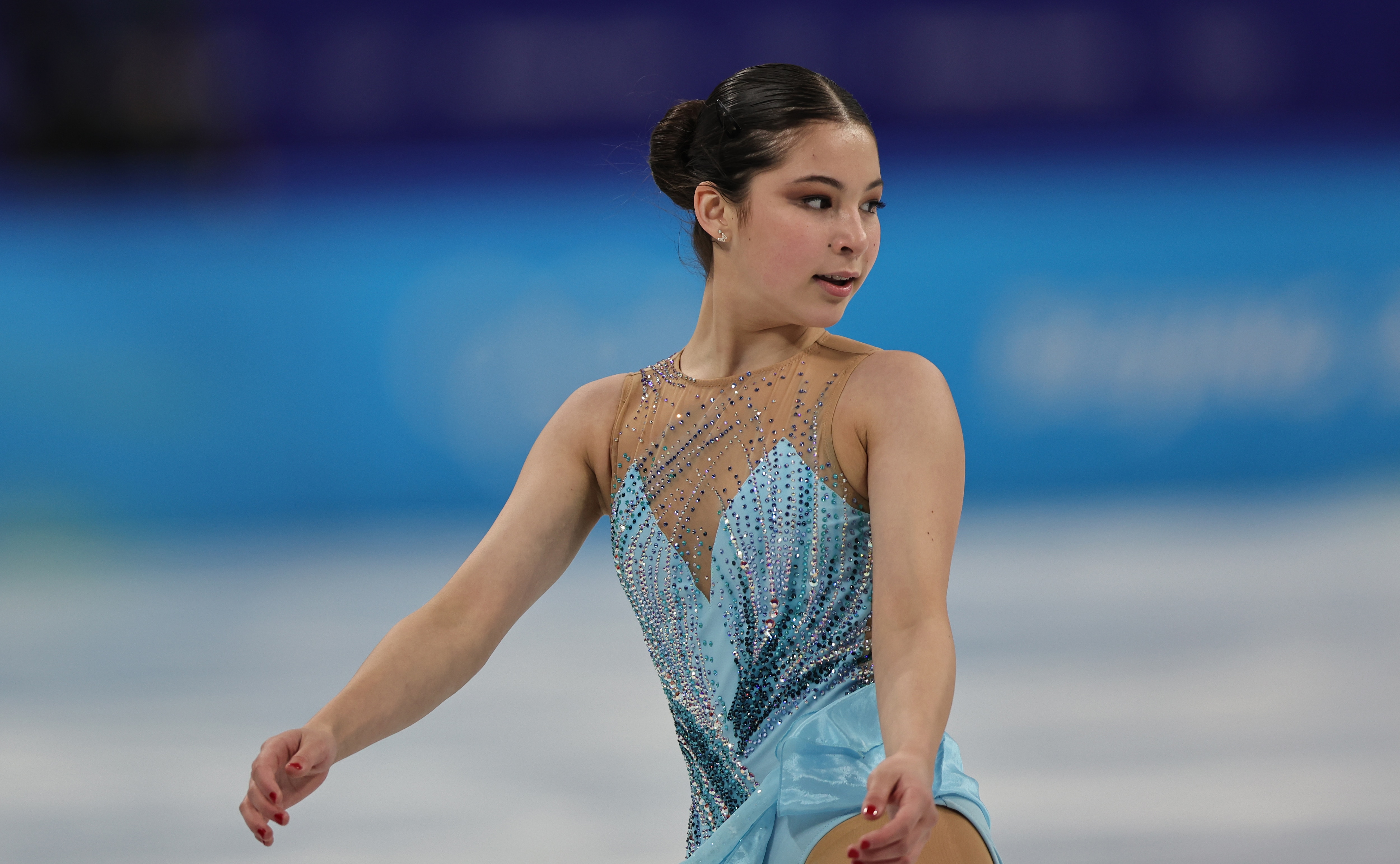 BEIJING, CHINA - FEBRUARY 17: Alysa Liu of Team United States reacts after skating during the Women Single Skating Free Skating on day thirteen of the Beijing 2022 Winter Olympic Games at Capital Indoor Stadium on February 17, 2022 in Beijing, China. (Photo by Amin Mohammad Jamali/Getty Images)