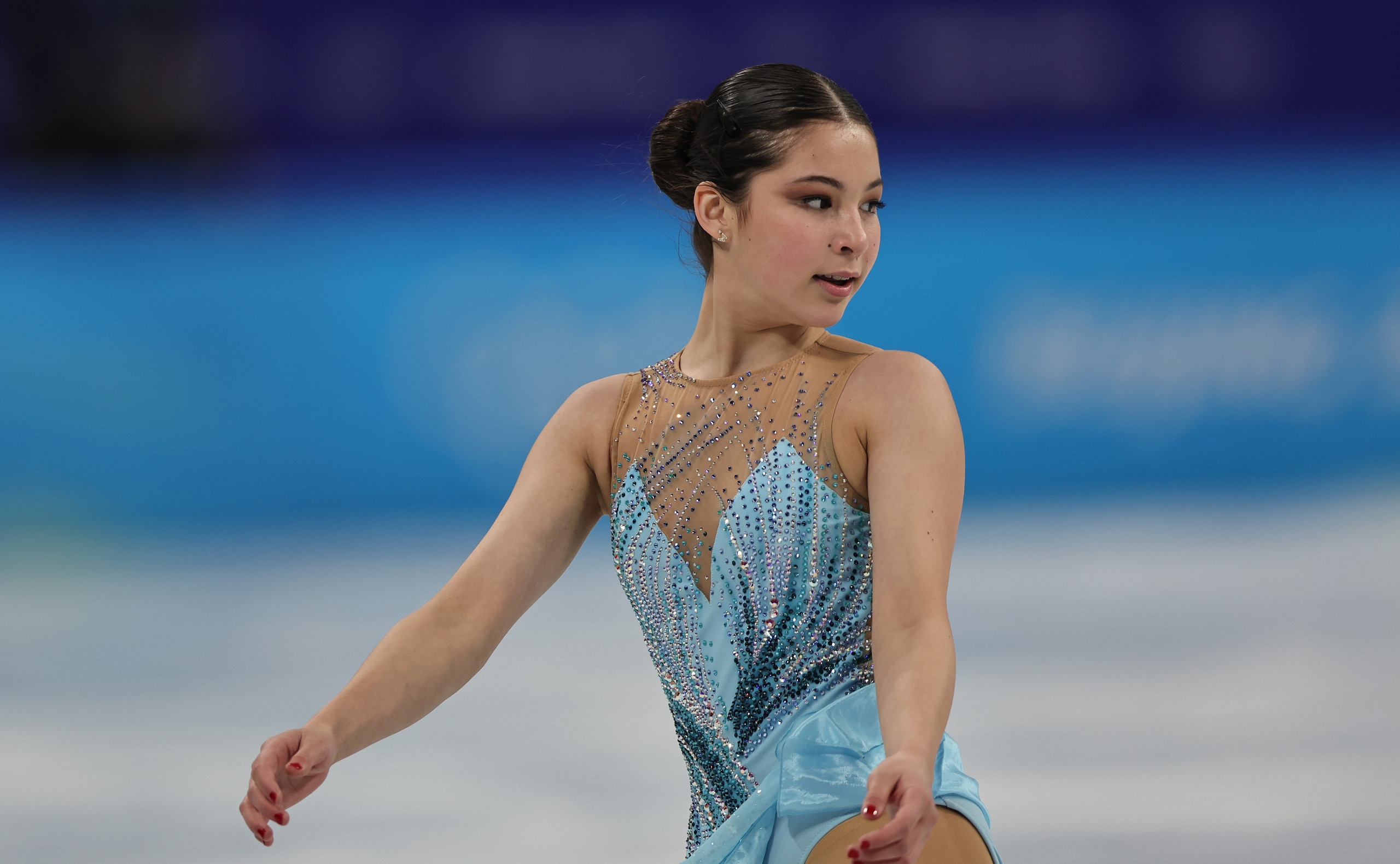 BEIJING, CHINA - FEBRUARY 17: Alysa Liu of Team United States reacts after skating during the Women Single Skating Free Skating on day thirteen of the Beijing 2022 Winter Olympic Games at Capital Indoor Stadium on February 17, 2022 in Beijing, China. (Photo by Amin Mohammad Jamali/Getty Images)