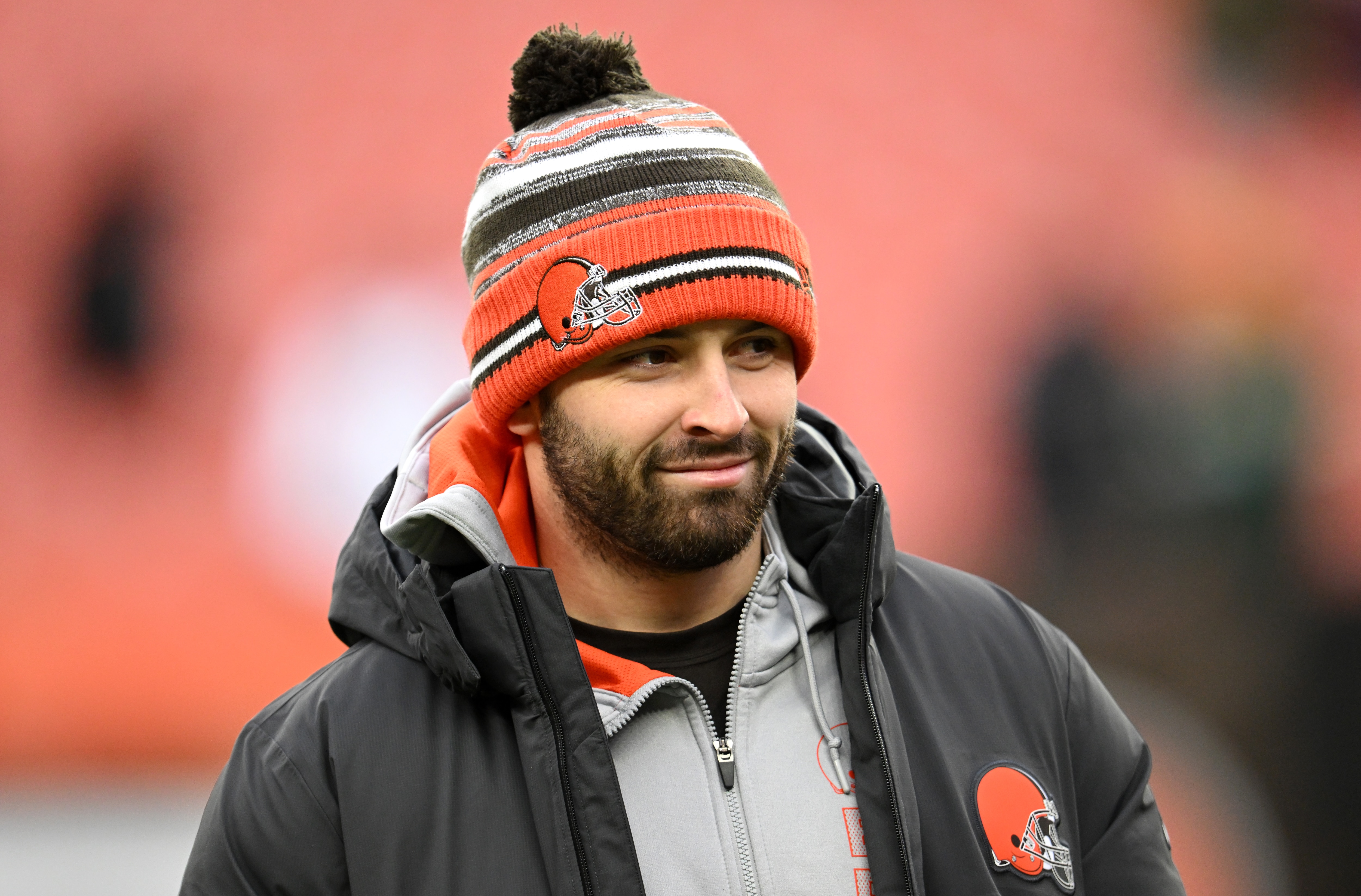 CLEVELAND, OHIO - JANUARY 09: Baker Mayfield #6 of the Cleveland Browns looks on during warm-ups before the game against the Cincinnati Bengals at FirstEnergy Stadium on January 09, 2022 in Cleveland, Ohio. (Photo by Jason Miller/Getty Images)