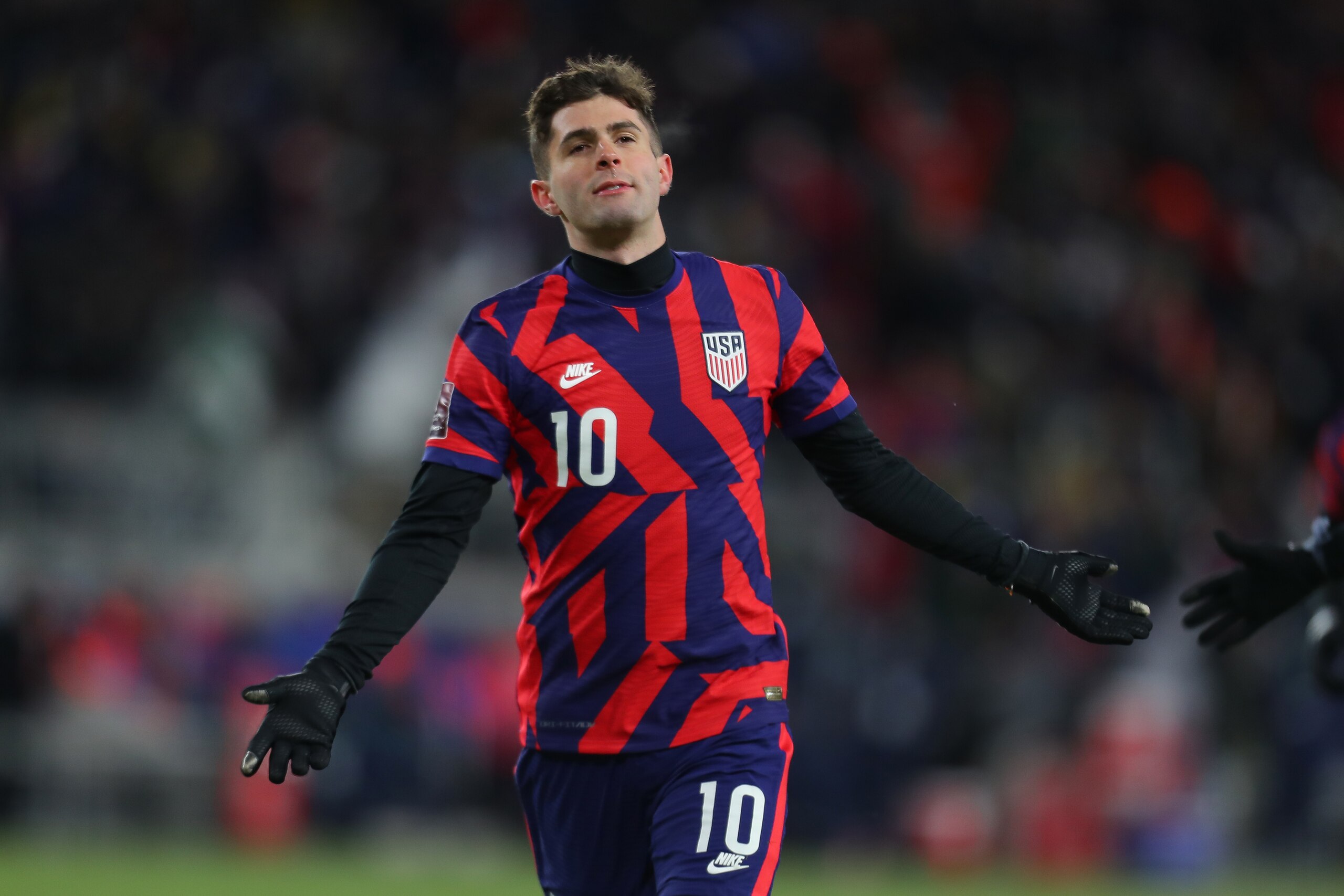 ST PAUL, MN - FEBRUARY 02: Christian Pulisic #10 of United States celebrates after scoring the third goal during the FIFA World Cup Qatar 2022 qualifying match between United States and Honduras at Allianz Field on February 2, 2022 in St Paul, Minnesota. (Photo by Omar Vega/Getty Images)