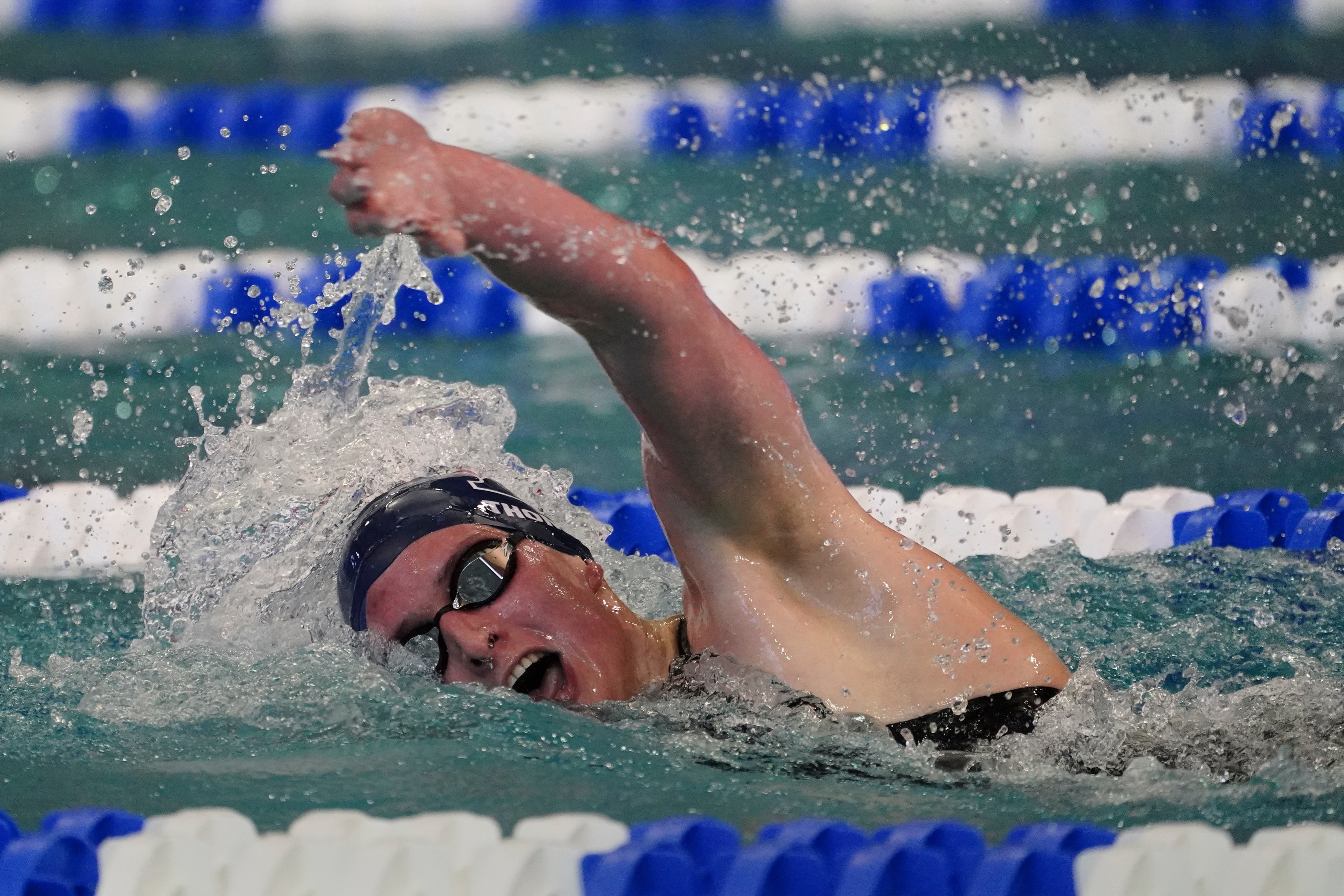 University of Pennsylvania transgender athlete Lia Thomas competes in the 500 meter freestyle finals at the NCAA Swimming and Diving Championships, Thursday, March 17, 2022, at Georgia Tech in Atlanta. (AP Photo/John Bazemore)