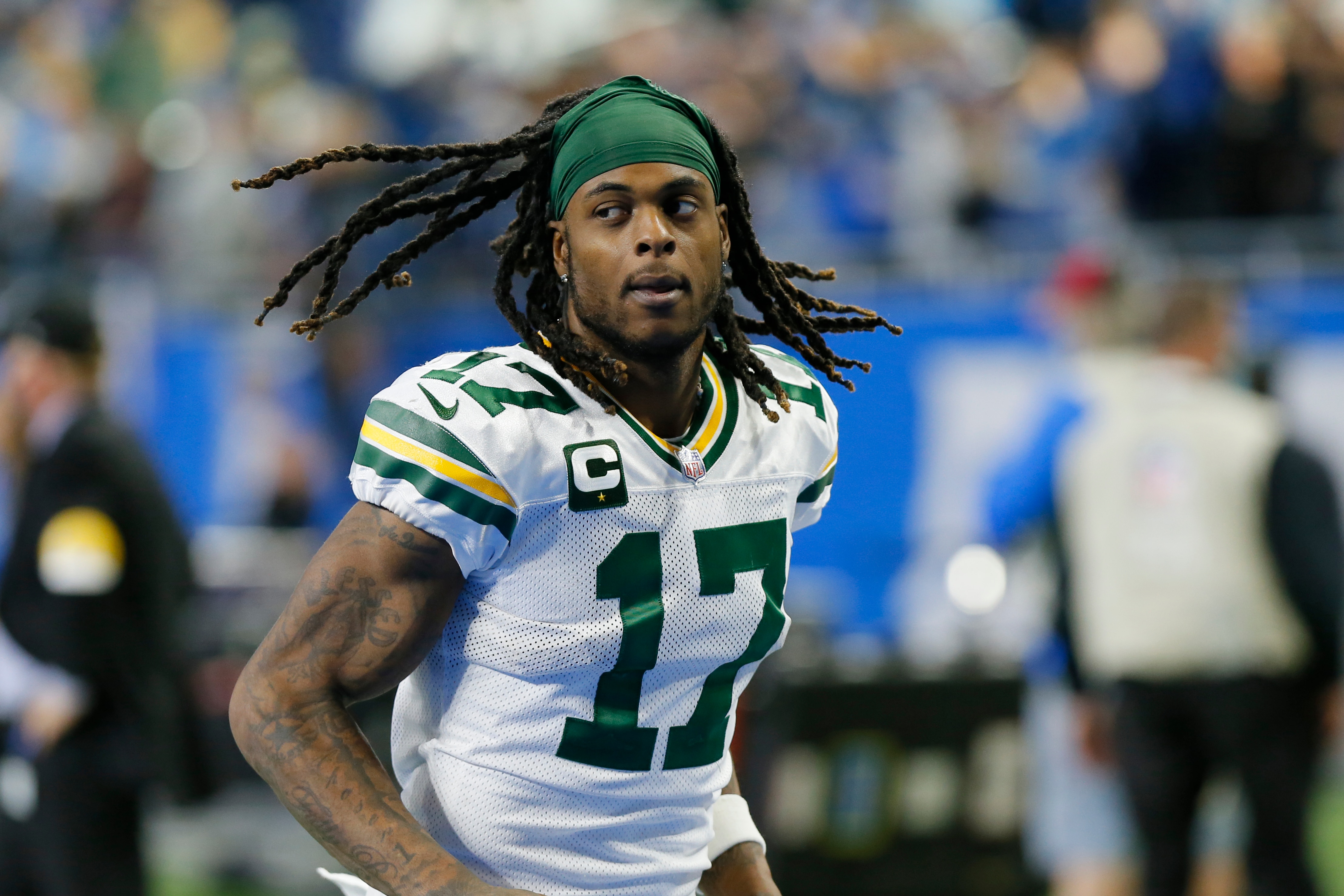 Green Bay Packers wide receiver Davante Adams runs off the field after the second half of an NFL football game against the Detroit Lions, Sunday, Jan. 9, 2022, in Detroit. (AP Photo/Duane Burleson)