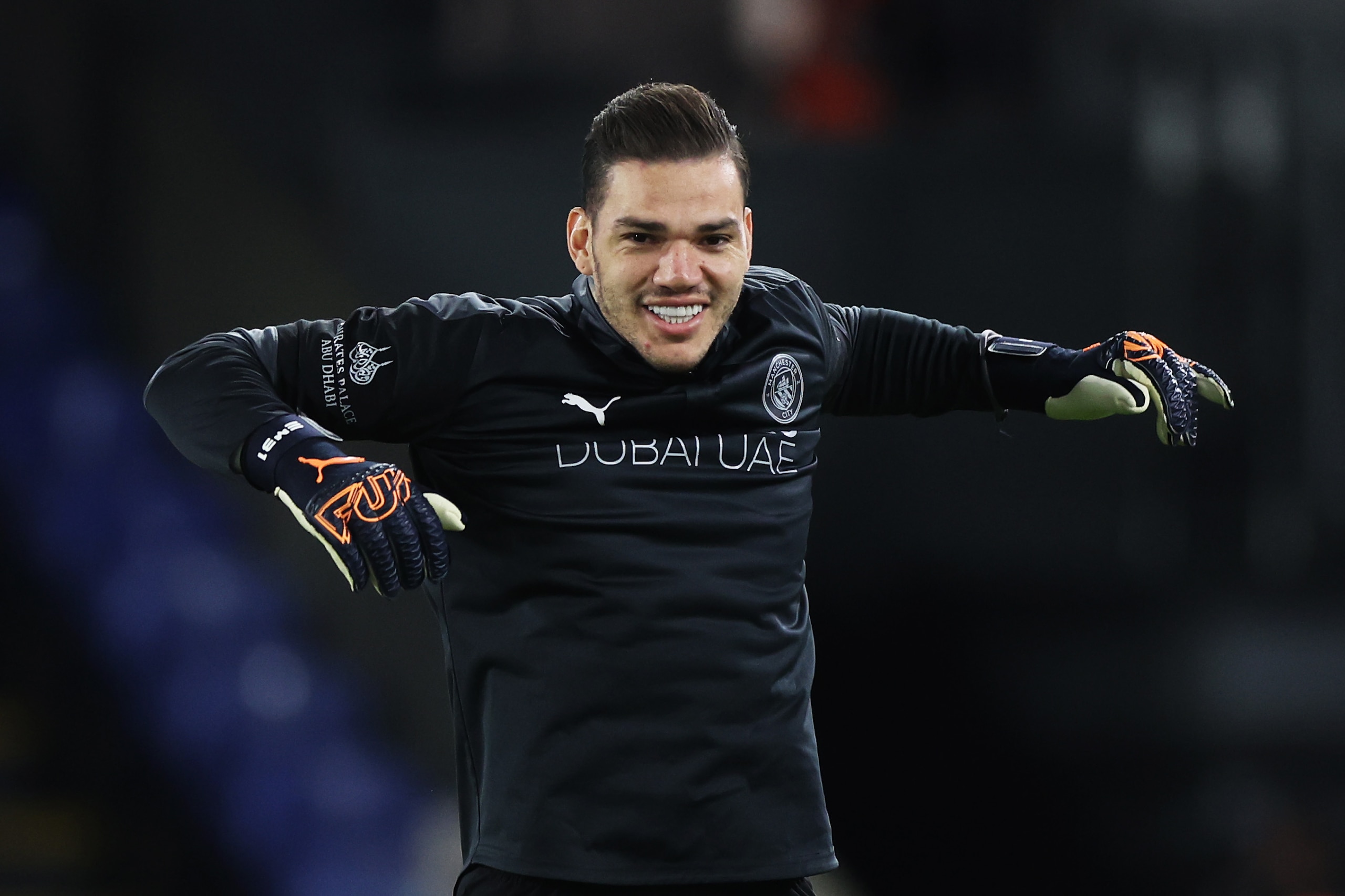 LONDON, ENGLAND - MARCH 14: Ederson of Manchester City warms up prior to the Premier League match between Crystal Palace and Manchester City at Selhurst Park on March 14, 2022 in London, England. (Photo by Lynne Cameron - Manchester City/Manchester City FC via Getty Images)