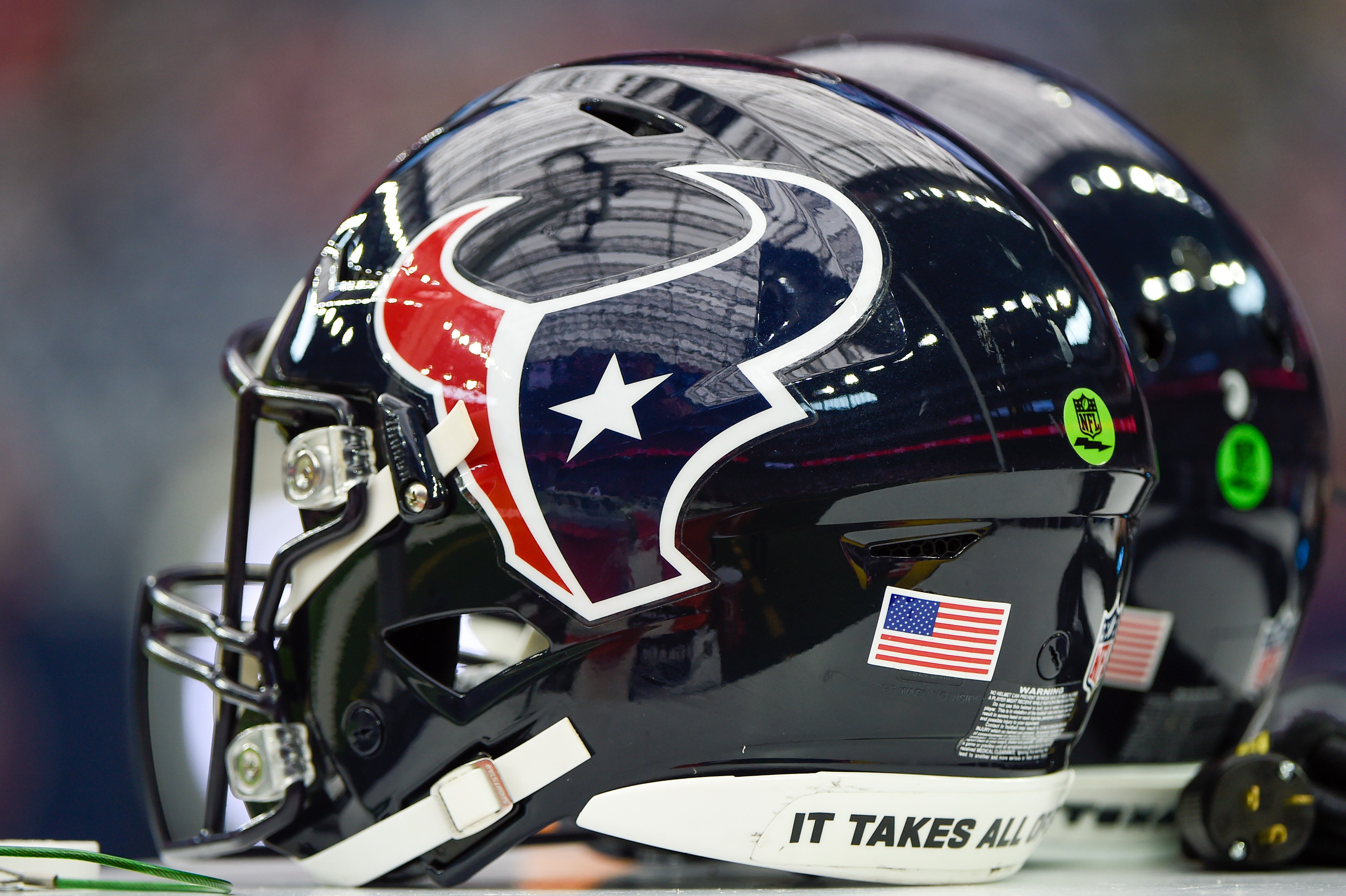 HOUSTON, TX - DECEMBER 05: A Houston Texans helmet awaits the next series during the football game between the Indianapolis Colts and Houston Texans at NRG Stadium on December 5, 2021 in Houston, TX. (Photo by Ken Murray/Icon Sportswire via Getty Images)