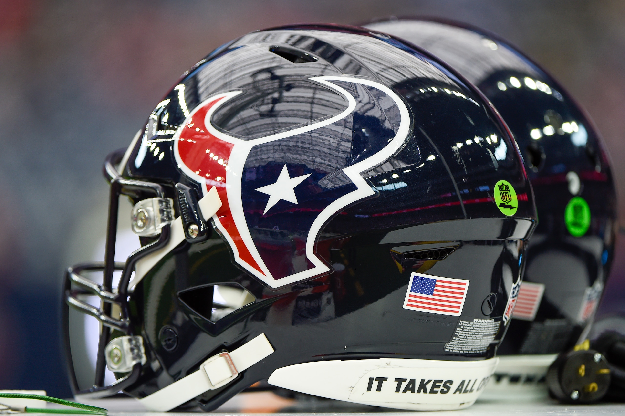 HOUSTON, TX - DECEMBER 05: A Houston Texans helmet awaits the next series during the football game between the Indianapolis Colts and Houston Texans at NRG Stadium on December 5, 2021 in Houston, TX. (Photo by Ken Murray/Icon Sportswire via Getty Images)