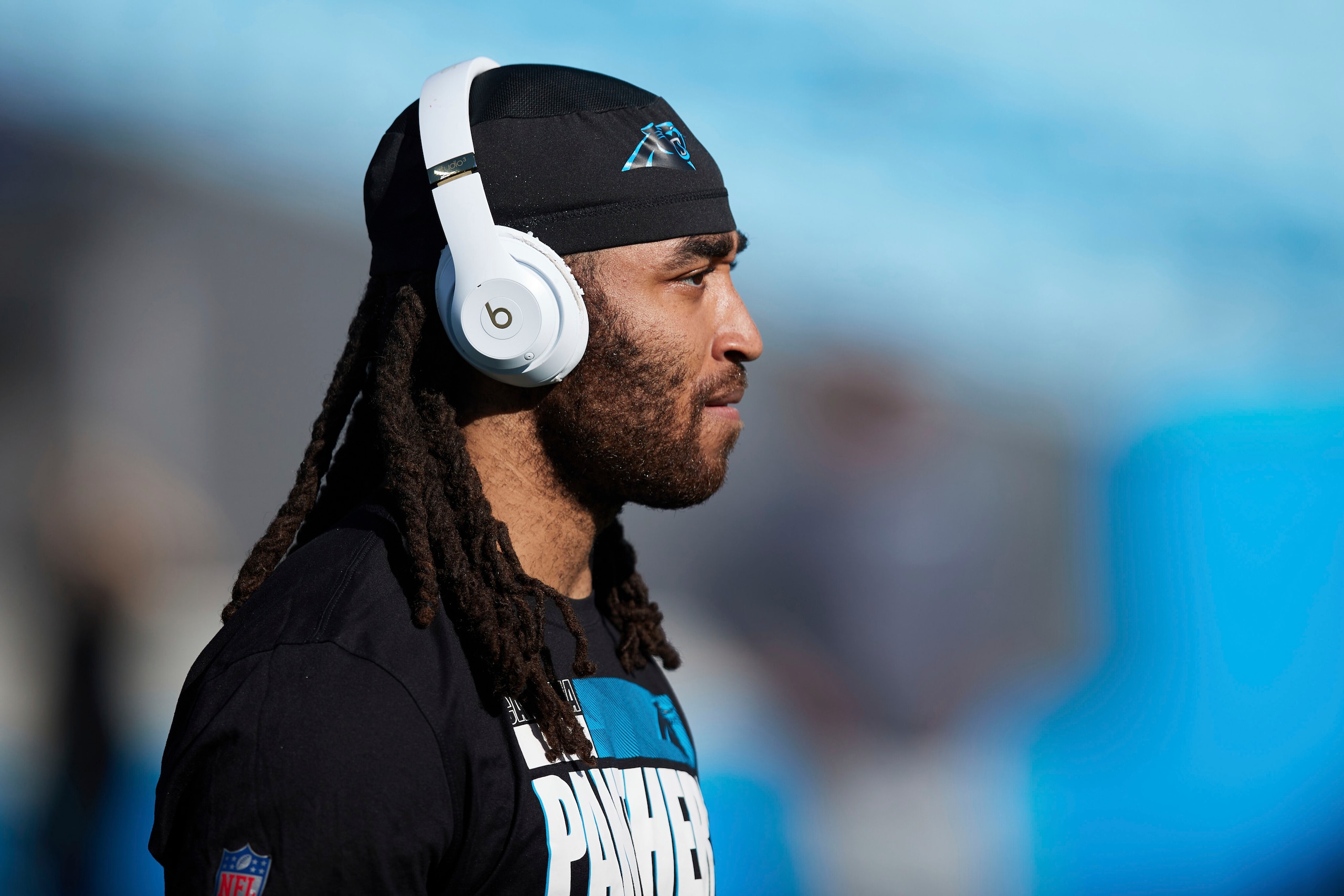 Carolina Panthers cornerback Stephon Gilmore (9) warms-up prior to an NFL football game against the Tampa Bay Buccaneers, Sunday, Dec. 26, 2021, in Charlotte, N.C. (AP Photo/Brian Westerholt)
