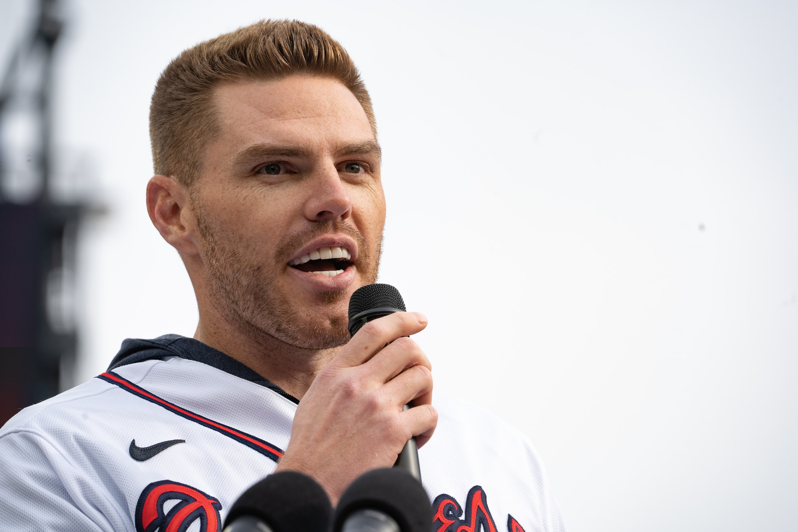 ATLANTA, GA - NOVEMBER 05: Freddie Freeman and other members of the Atlanta Braves team speak following the World Series Parade at Truist Park on November 5, 2021 in Atlanta, Georgia. The Atlanta Braves won the World Series in six games against the Houston Astros winning their first championship since 1995. (Photo by Megan Varner/Getty Images)