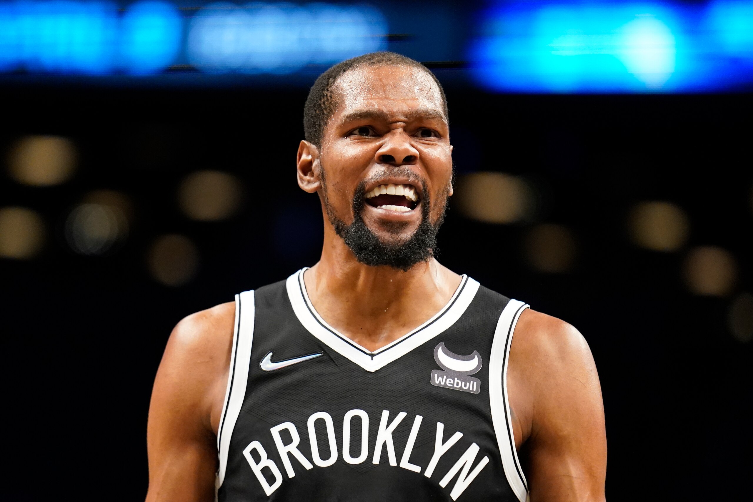 Brooklyn Nets forward Kevin Durant reacts to a referee call in the first half of an NBA basketball game against the Dallas Mavericks, Wednesday, March 16, 2022, in New York. (AP Photo/John Minchillo)
