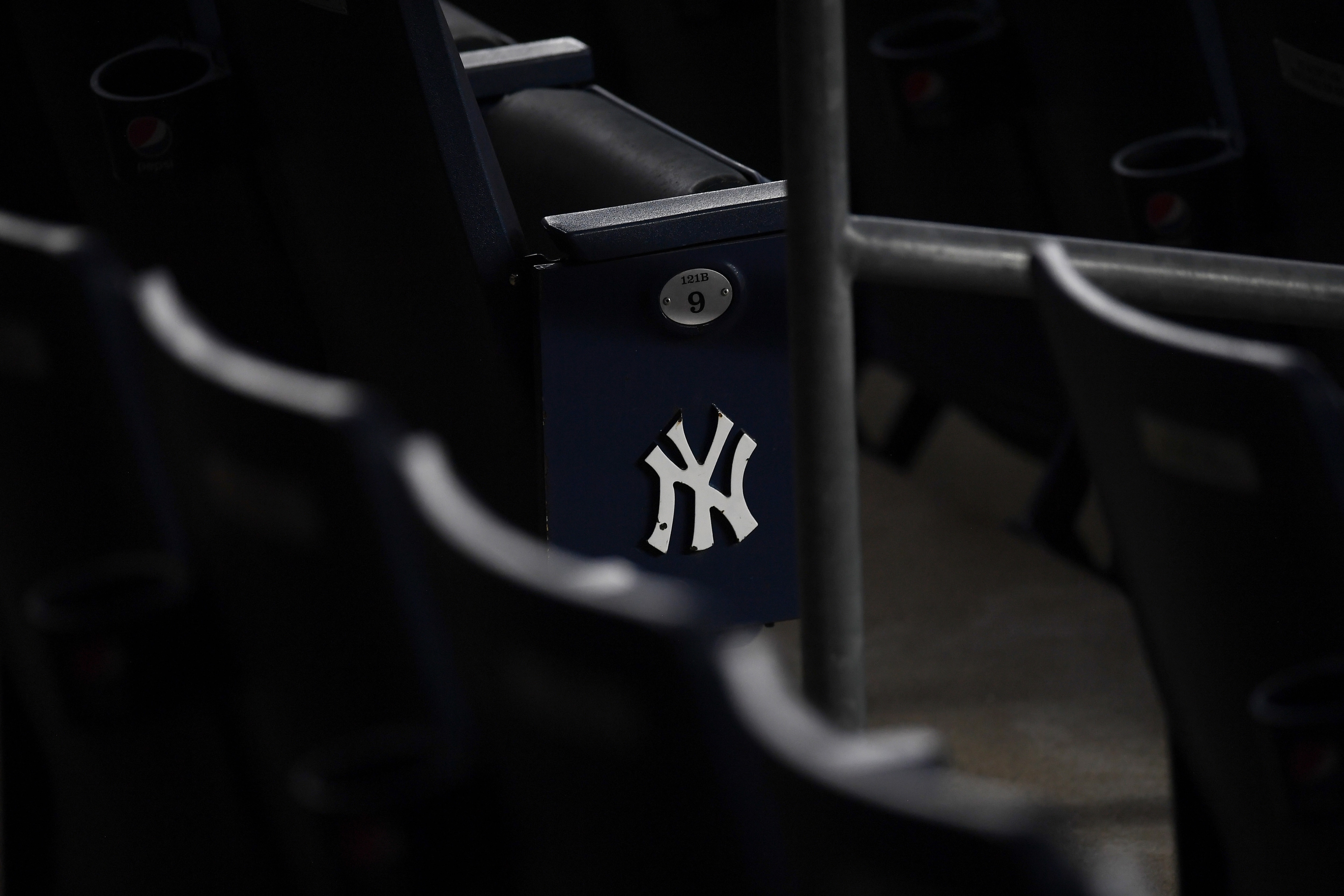 NEW YORK, NEW YORK - AUGUST 14: The New York Yankees logo on empty stadium seats during the sixth inning against the Boston Red Sox at Yankee Stadium on August 14, 2020 in the Bronx borough of New York City. (Photo by Sarah Stier/Getty Images)
